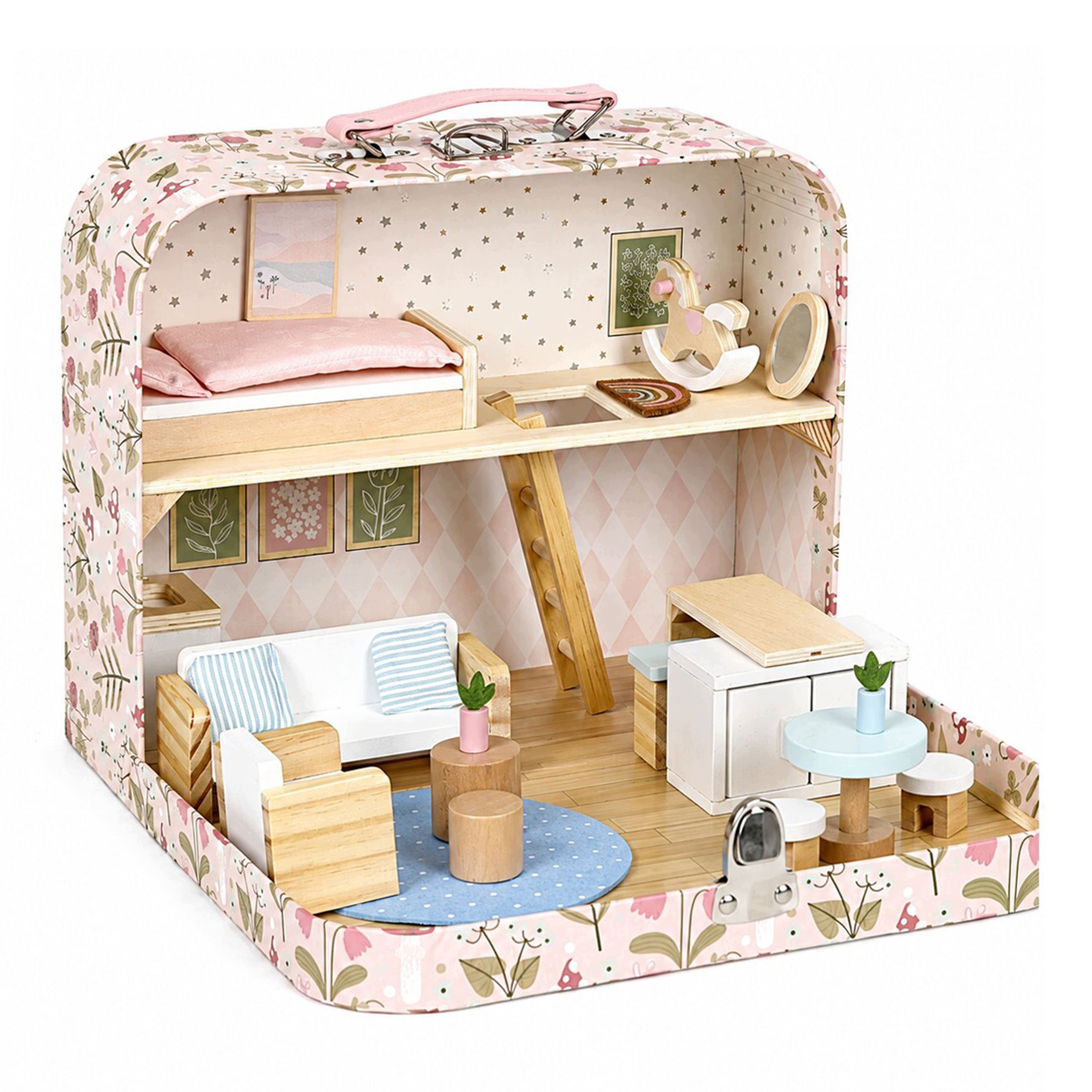 Domek dla lalek w walizce piętrowy drewniane mebelki zestaw 20 Ecotoys