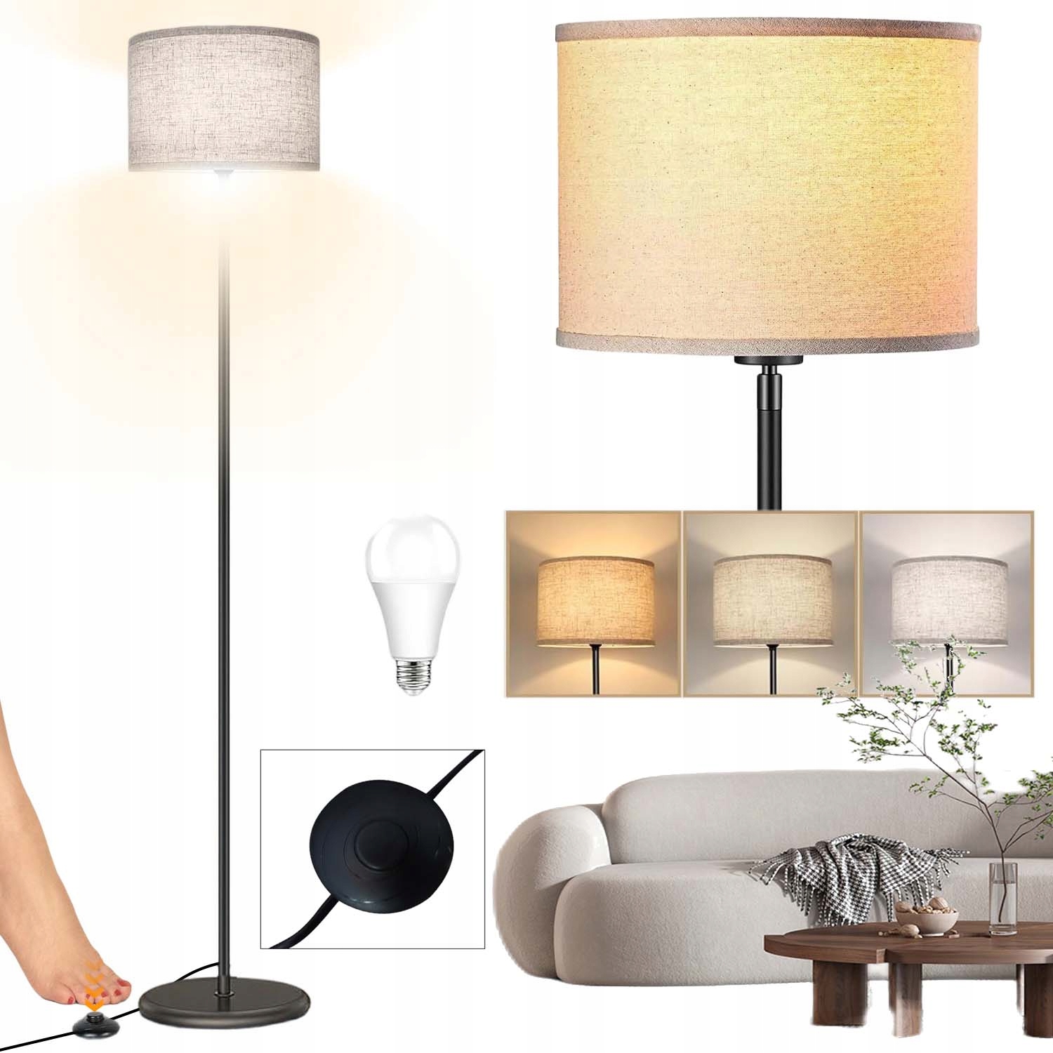 Stojací Podlahová Lampa E27 Len Moderní 9W 156 CM 3 Režimy S Vypínačem