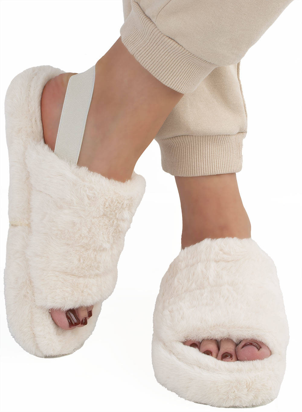 

Beżowe Futerkowe Kapcie Klapki Z Gumką 39