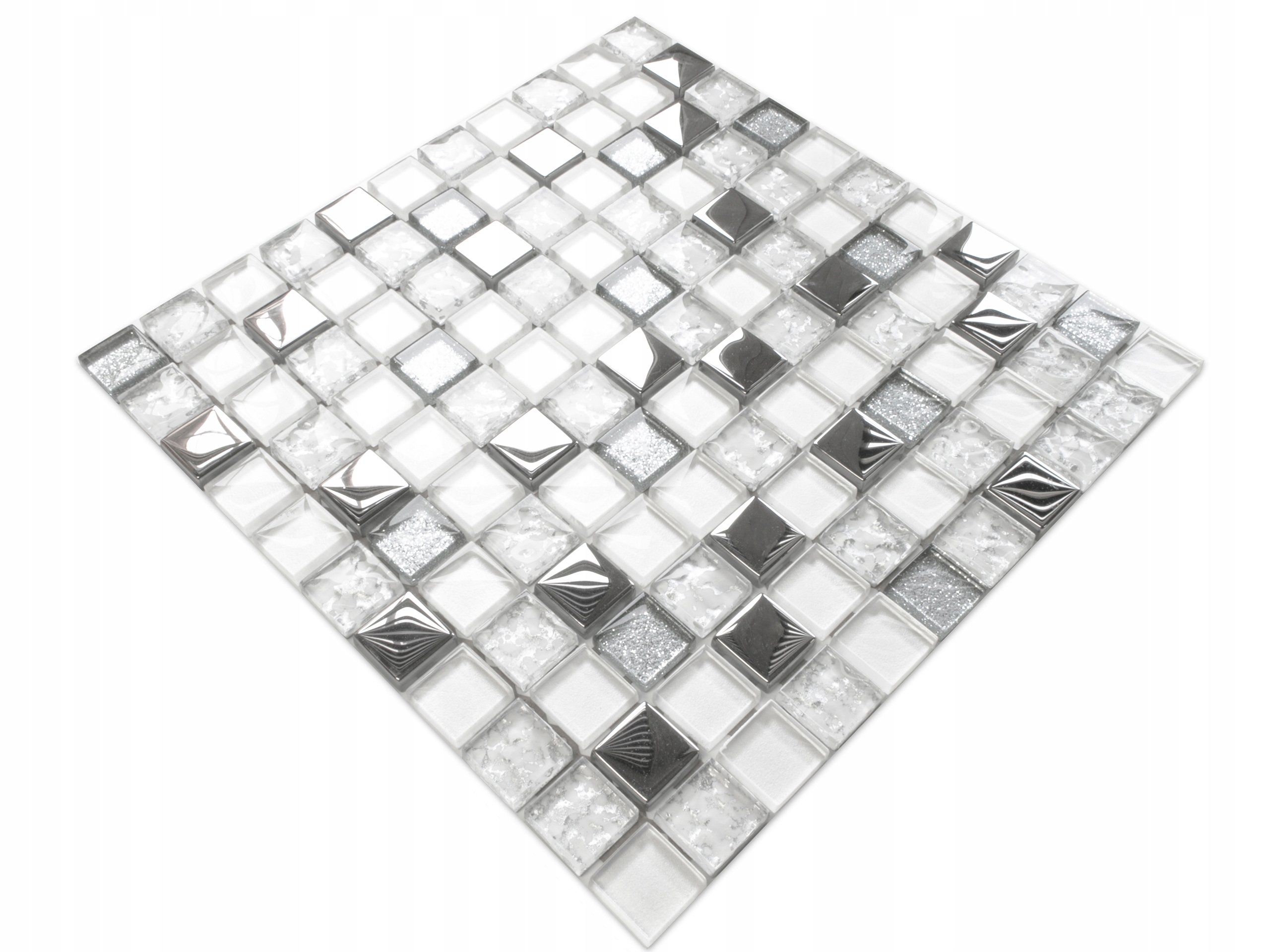 

Mozaika Szklana Chrom Ice Połysk Srebrna Biała