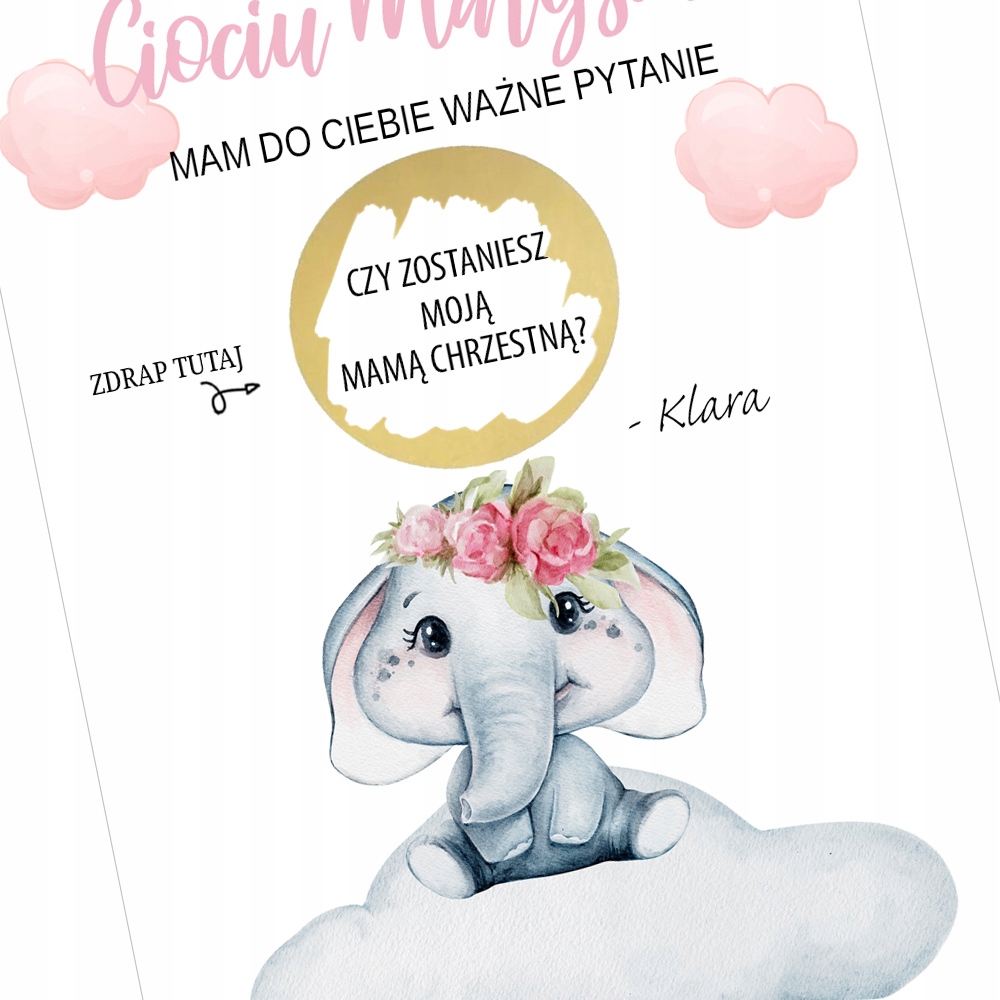 PROŚBA O ZOSTANIE MATKĄ CHRZESTNĄ słonik różowa