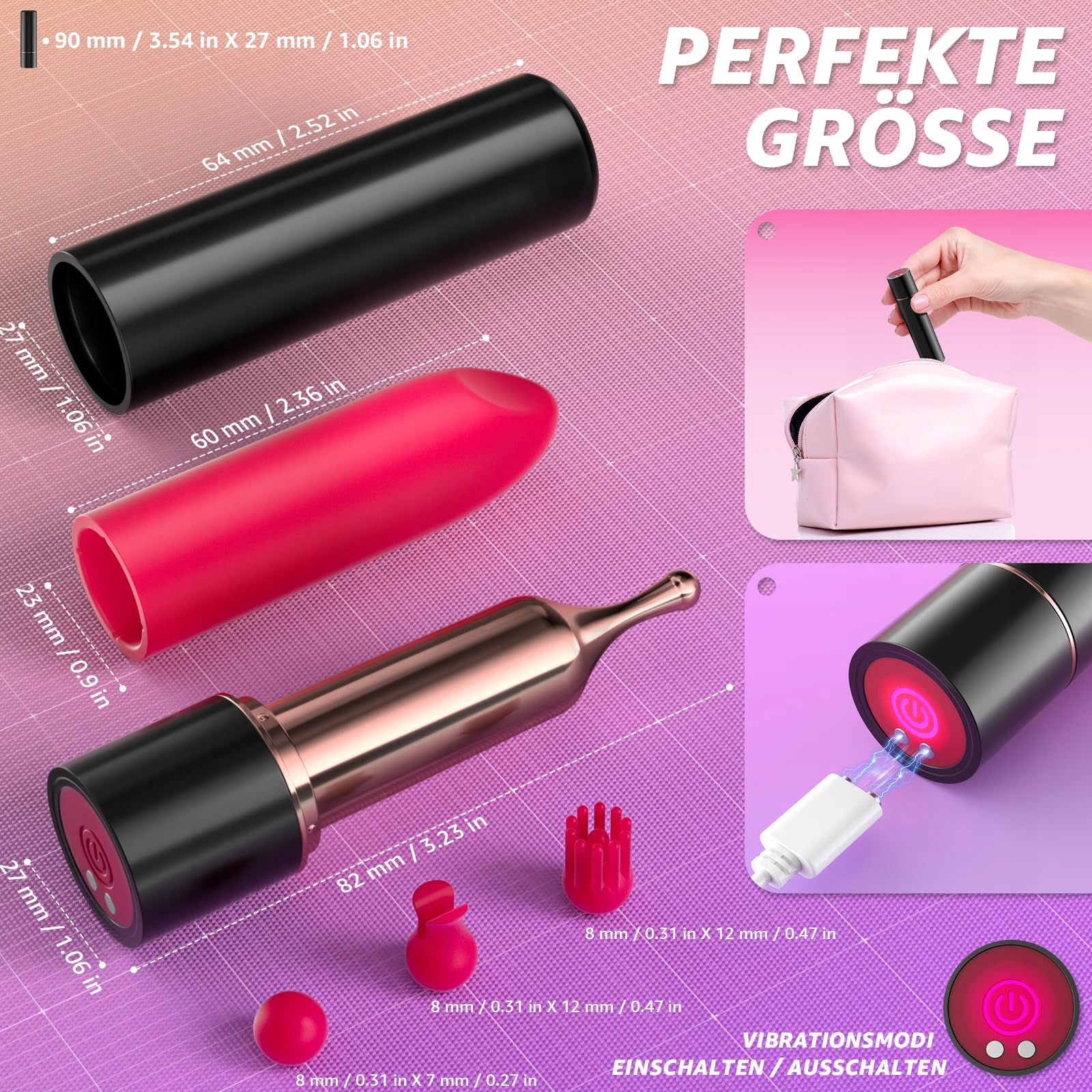 LIPSTICK MINI WIBRATOR DLA KOBIET Z 10 TRYBAMI WIBRACJI SILIKONOWE KOŃCÓWKI — miniatura 7