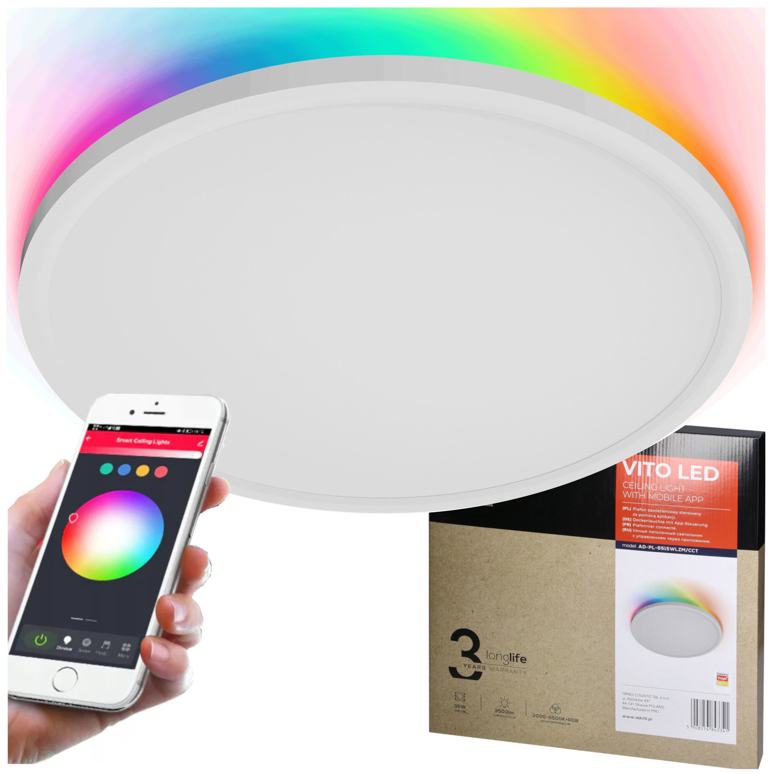 Plafon Lampa Sufitowa Led Rgb 3000/4000/6500K Ściemnialny Aplikacja Tuya