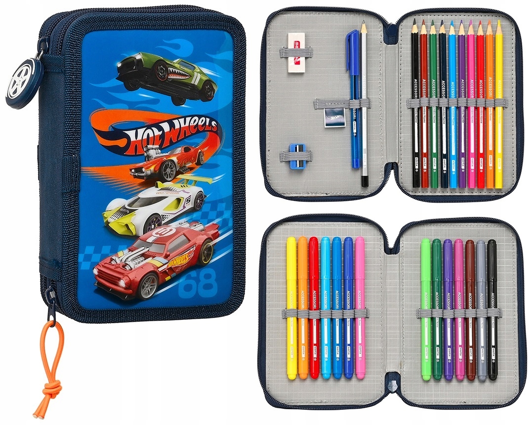 Piórnik Hot Wheels 2 Komory Pisaki Kredki 28 el.