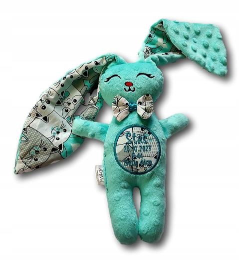 Króliczek królik chrzest niebieski z imieniem datą metryczką pamiątka bunny Marka inna