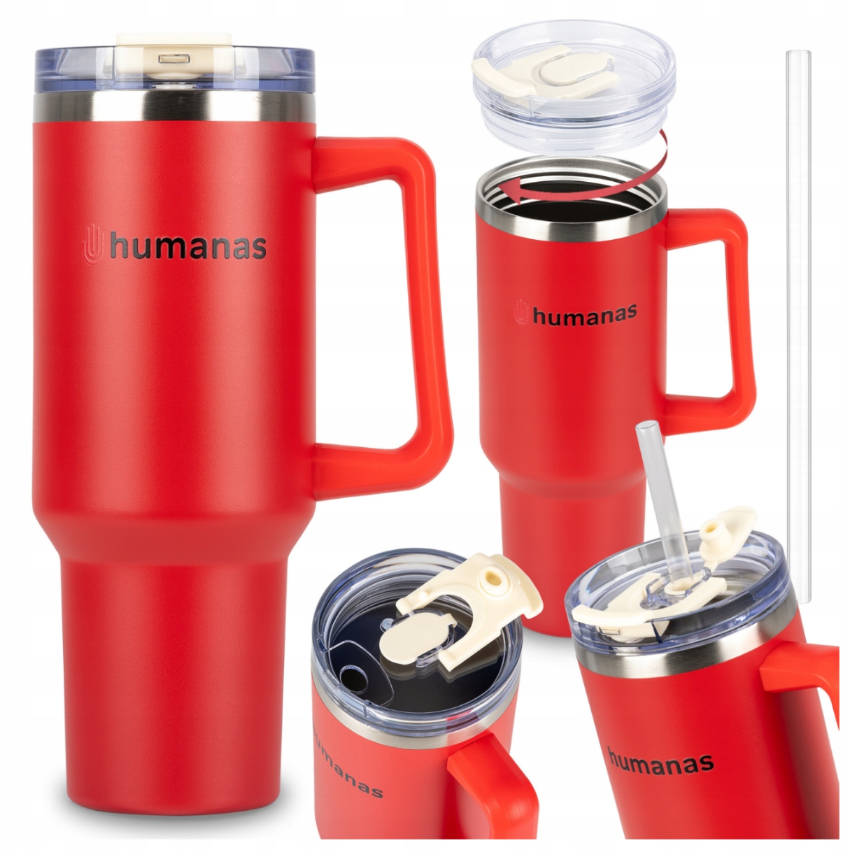Kubek termiczny z uchwytem słomką Humanas Viva 1200 ml czerwony