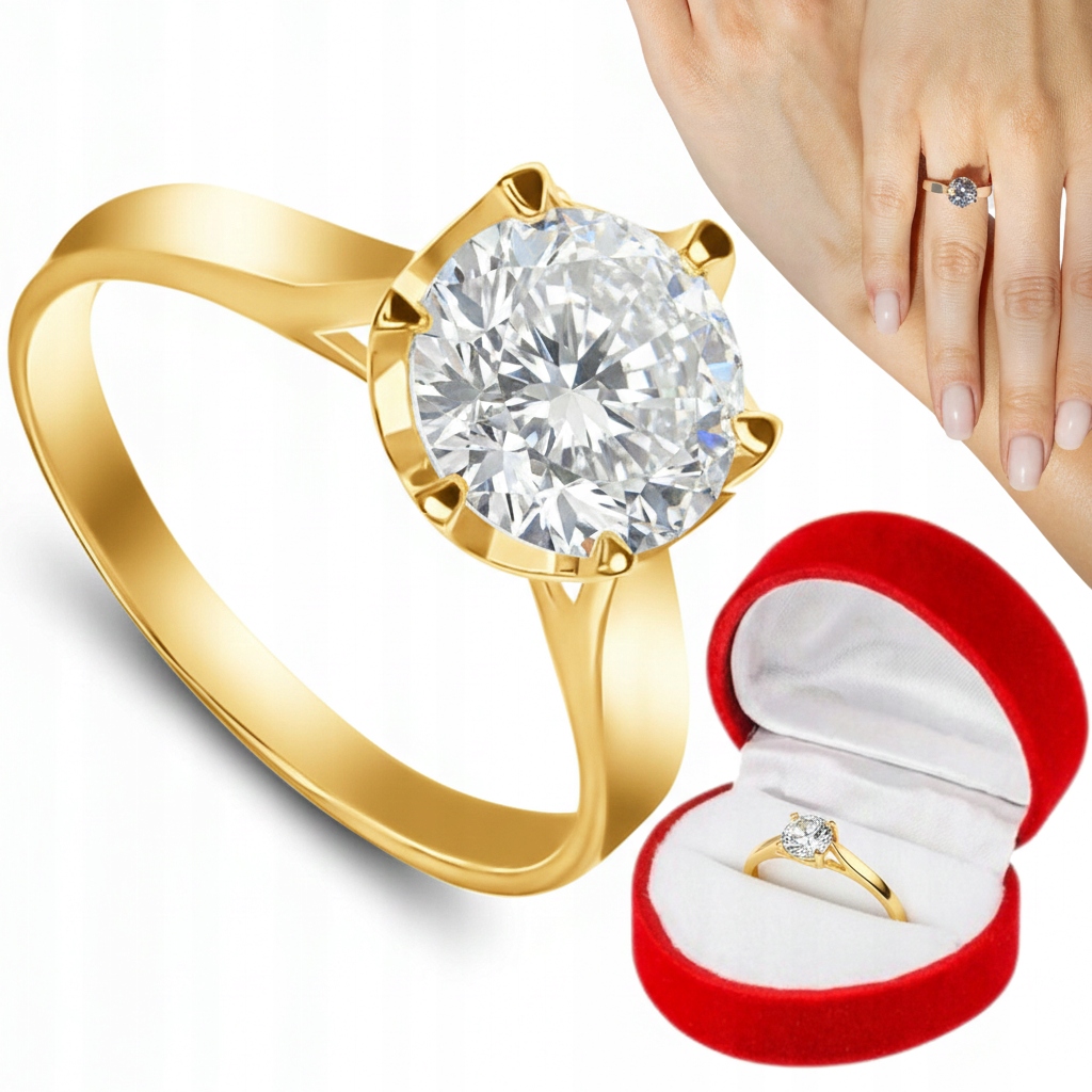 Pierścionek Zaręczynowy Złoty Z Cyrkonią Pozłacany Kamień 7mm 925/585 r.23