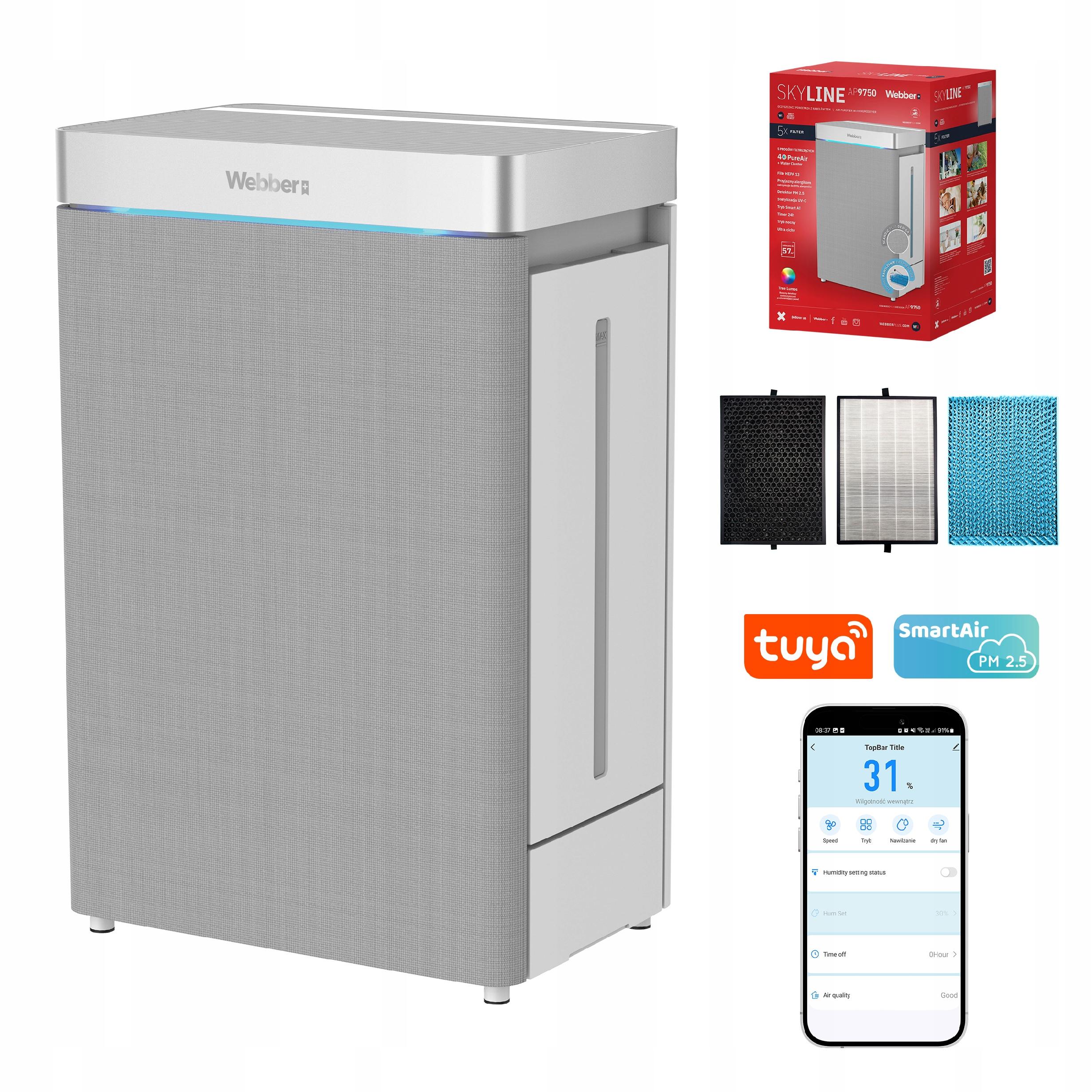 Oczyszczacz powietrza nawilżacz Webber AP9750 Smart Ai Wifi 100W 57m