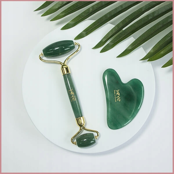 Sada roller kámen Gua Sha zelená Jadeit