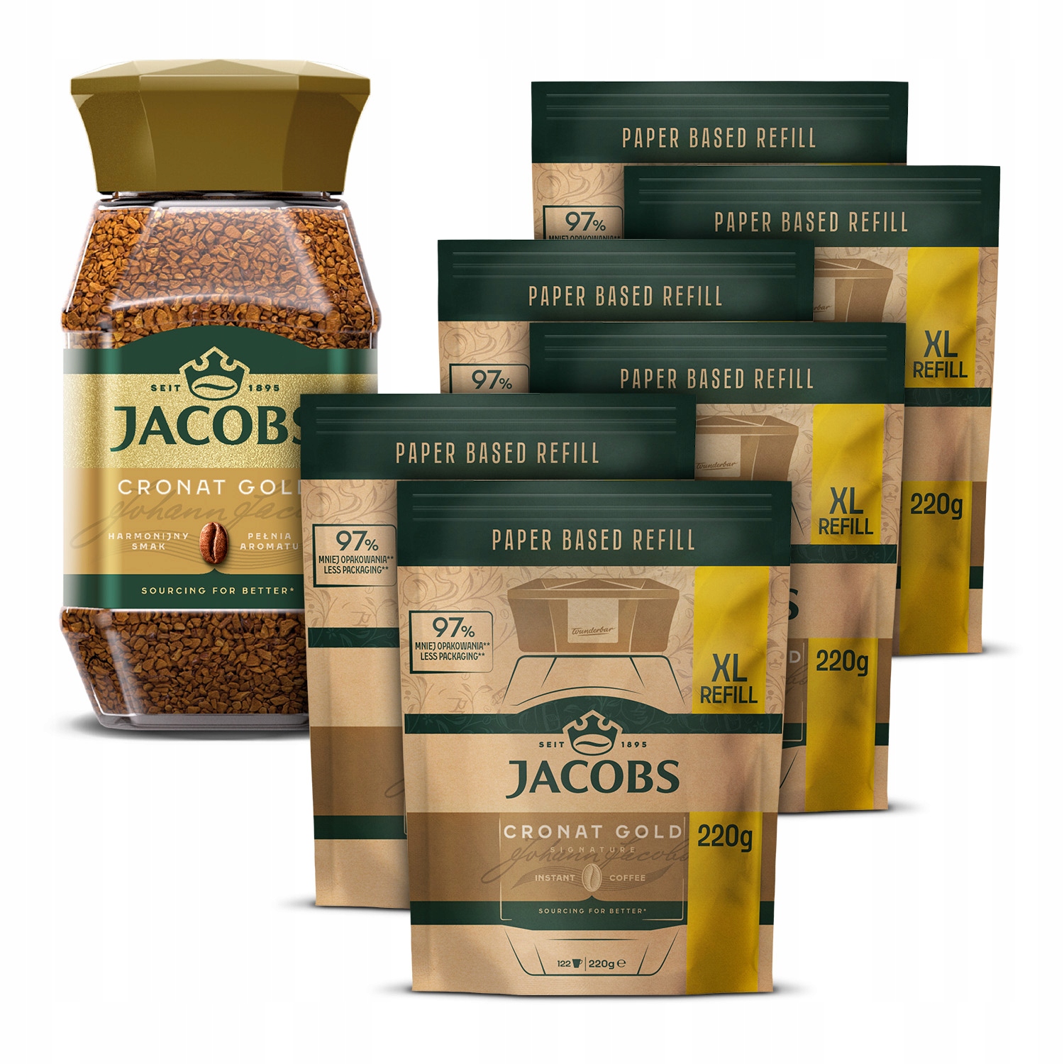 Zestaw kawa rozpuszczalna Jacobs Cronat Gold 200g refill XL zapas 6x220g