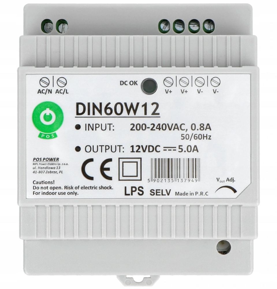 DIN60W12 Zasilacz Impulsowy Stałonapięciowy Regulowany Din 60W 5A 12V Pos
