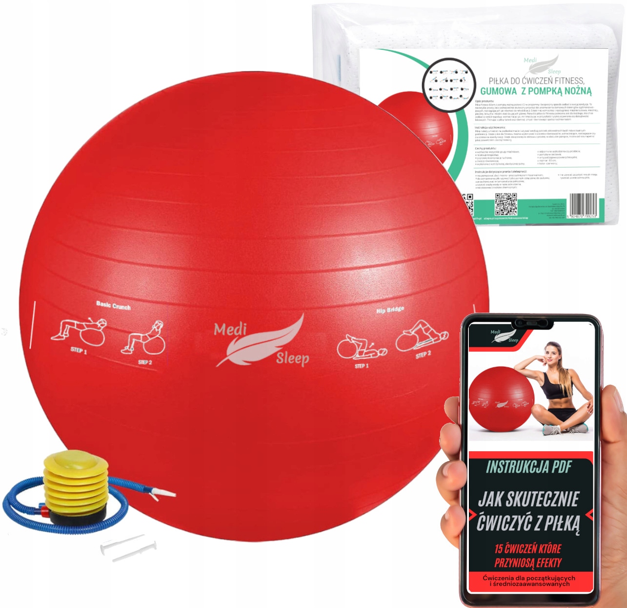 PIŁKA REHABILITACYJNA GIMNASTYCZNA DO ĆWICZEŃ FITNESS ZESTAW Z POMPKĄ 65cm