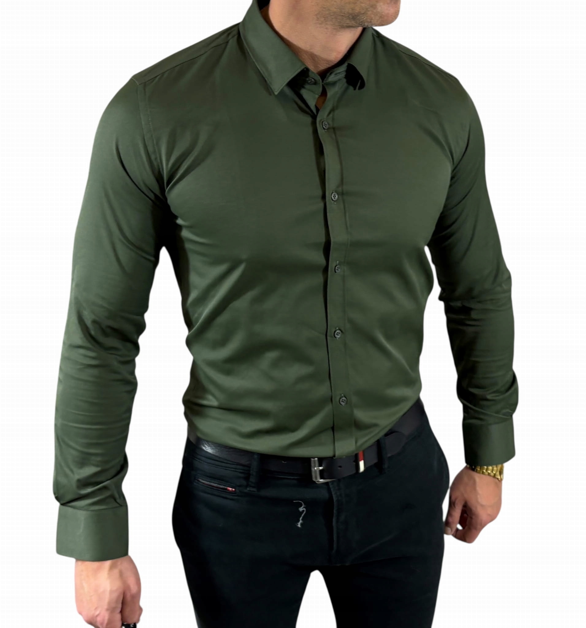 Klasická košile slim fit khaki-10 satén hladká elegantní EGO04 L