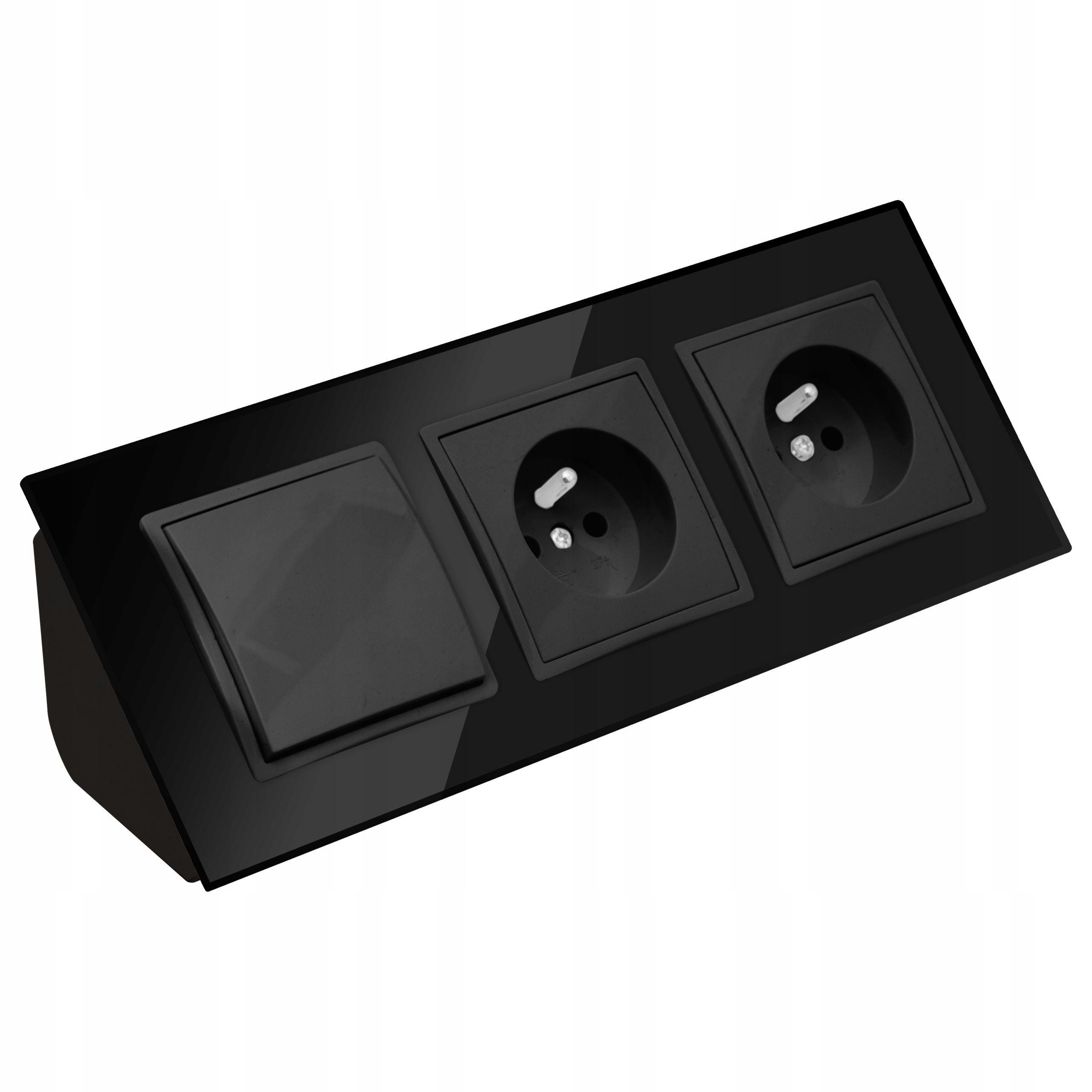 Gniazdo Podwójne Szklane Meblowe Narożne Z Wyłącznikiem Czarne Mat Listwa
