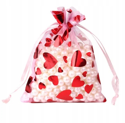 5 X BIAŁY OZDOBNY WORECZEK PREZENTOWY Z ORGANZY - SERDUSZKA 8x10cm Kolor dominujący biały