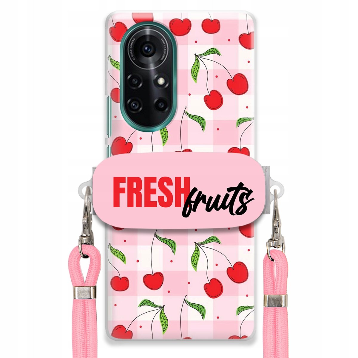 Puzdro pre Huawei Nova 8 Case držiak na šnúrku Ružový Fresh Fruits Mriežka