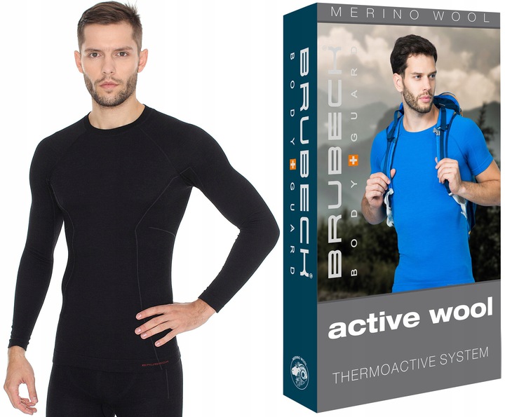 LS12820 Koszulka męska Brubeck dł rekaw Active Wool M czarna