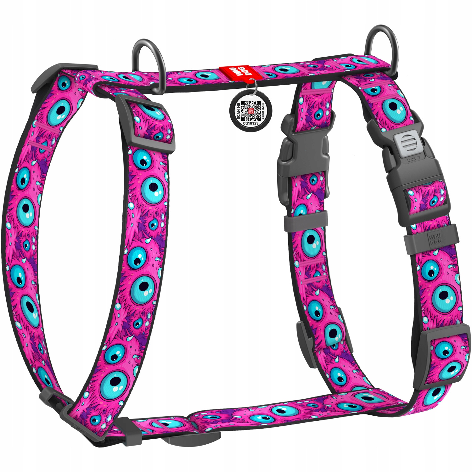 Nylonové, anatomické postroje pro psa s Qr kódem, Oko monstra, velikost L