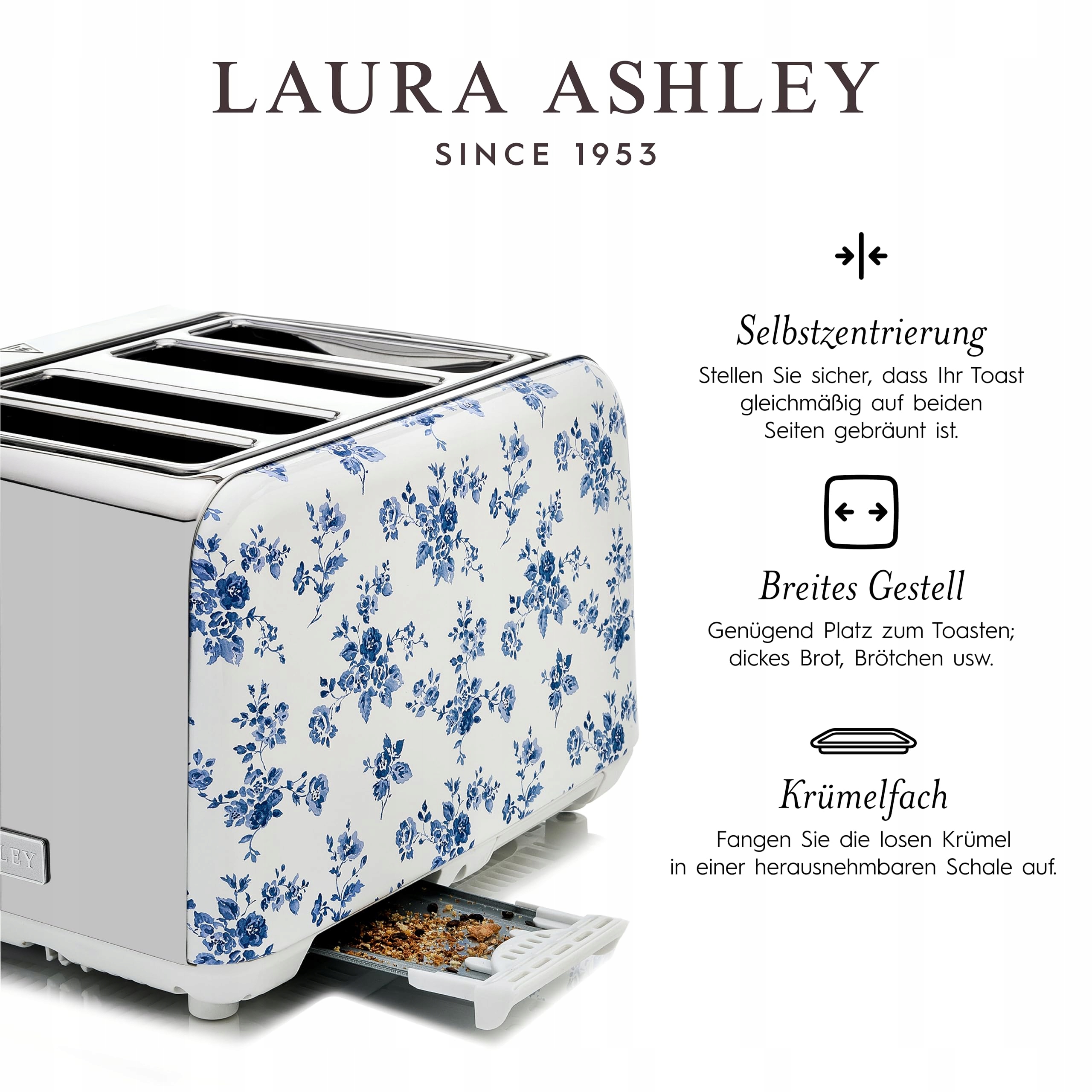 Laura Ashley 4-Slice Toaster: Adjustable, Reheat, Defrost, Vintage Steel — miniatura 7