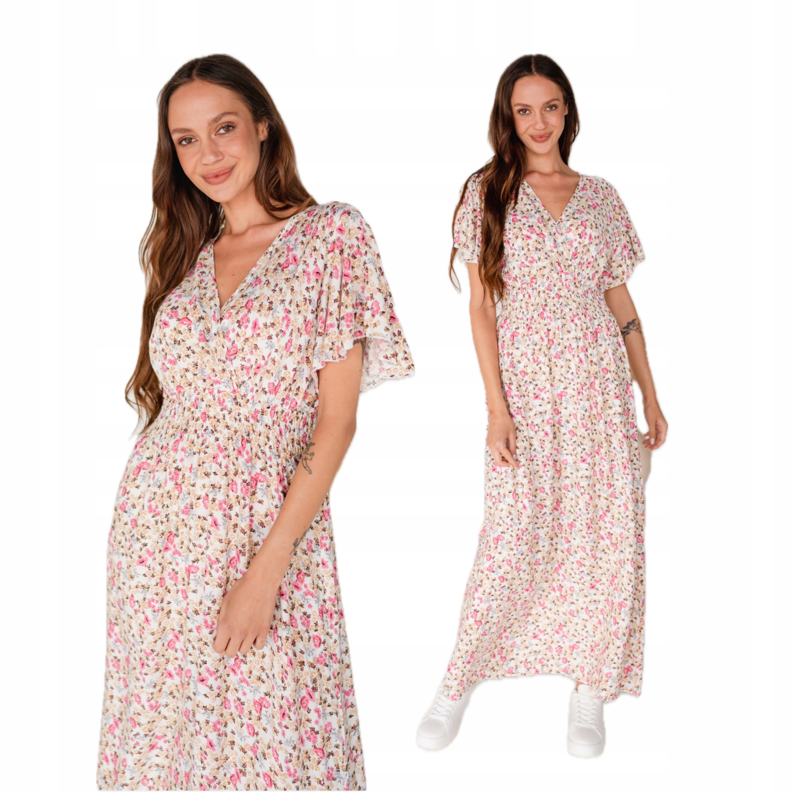 Šaty dámské maxi s překládaným výstřihem, guma v pase, krátký rukáv, XL/XXL