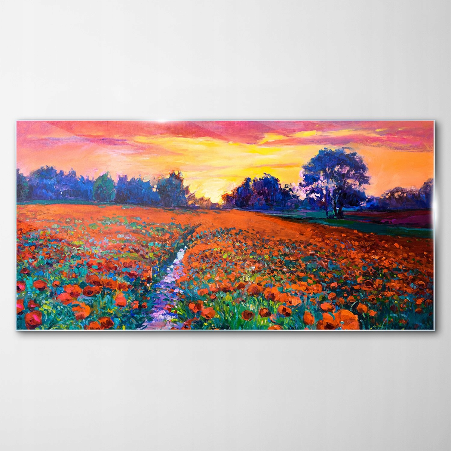 Obraz na skle Dekor Lúka Les Západ slnka 140x70