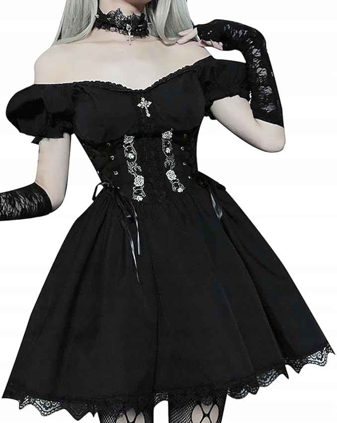 Šaty gotická černá korzetová mini krajka ramena cosplay emo L K8,9