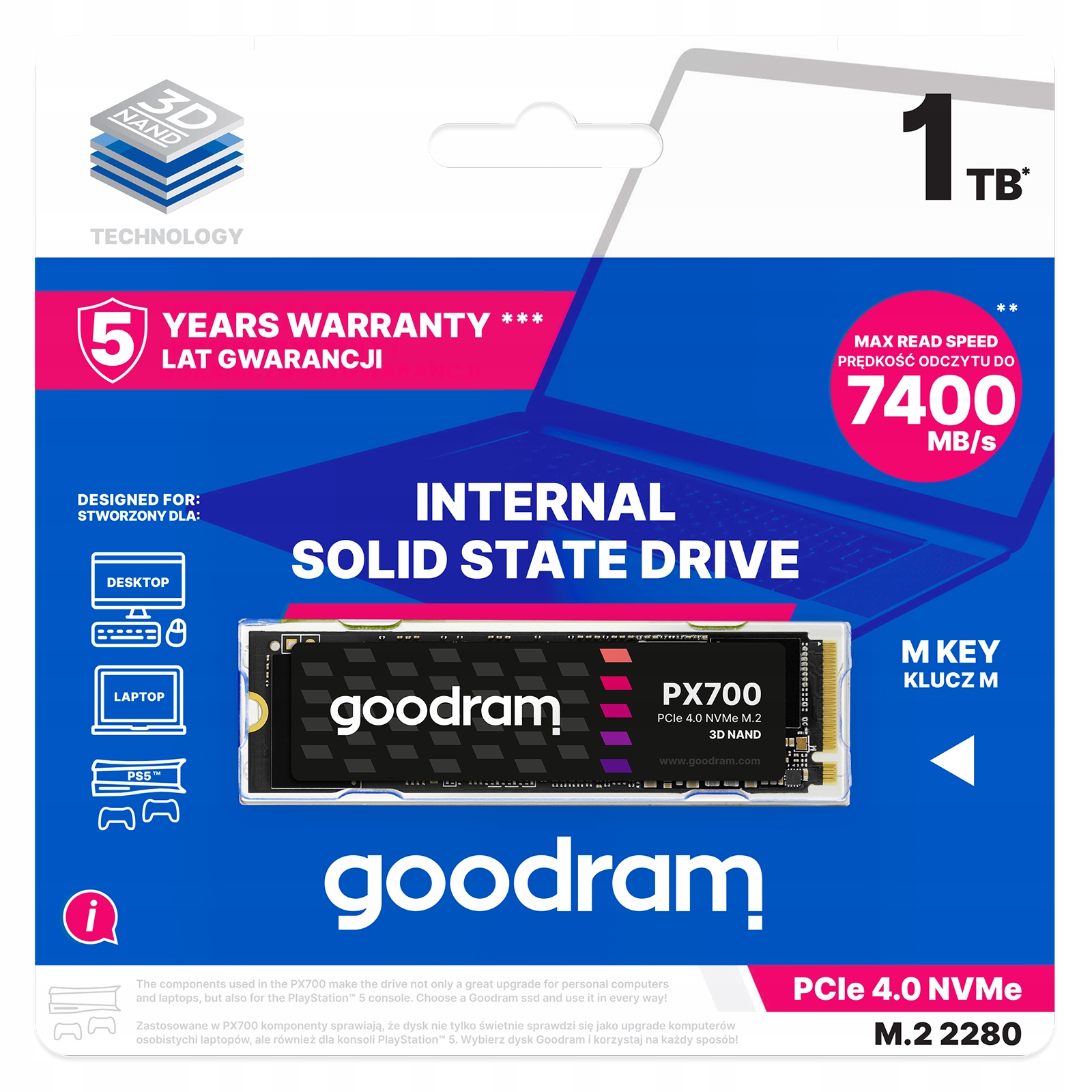Dysk Ssd Goodram PX700 M.2 PCIe 4x4 1TB NVMe 3D Nand 7400/6500MB/s do PS5
