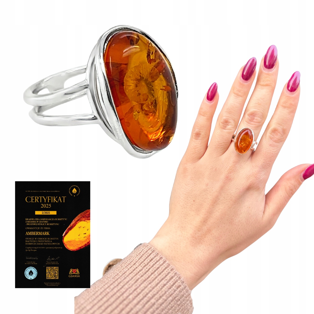 Prstýnek s přírodním Jantarem 925 Velký, nastavitelný jako dárek