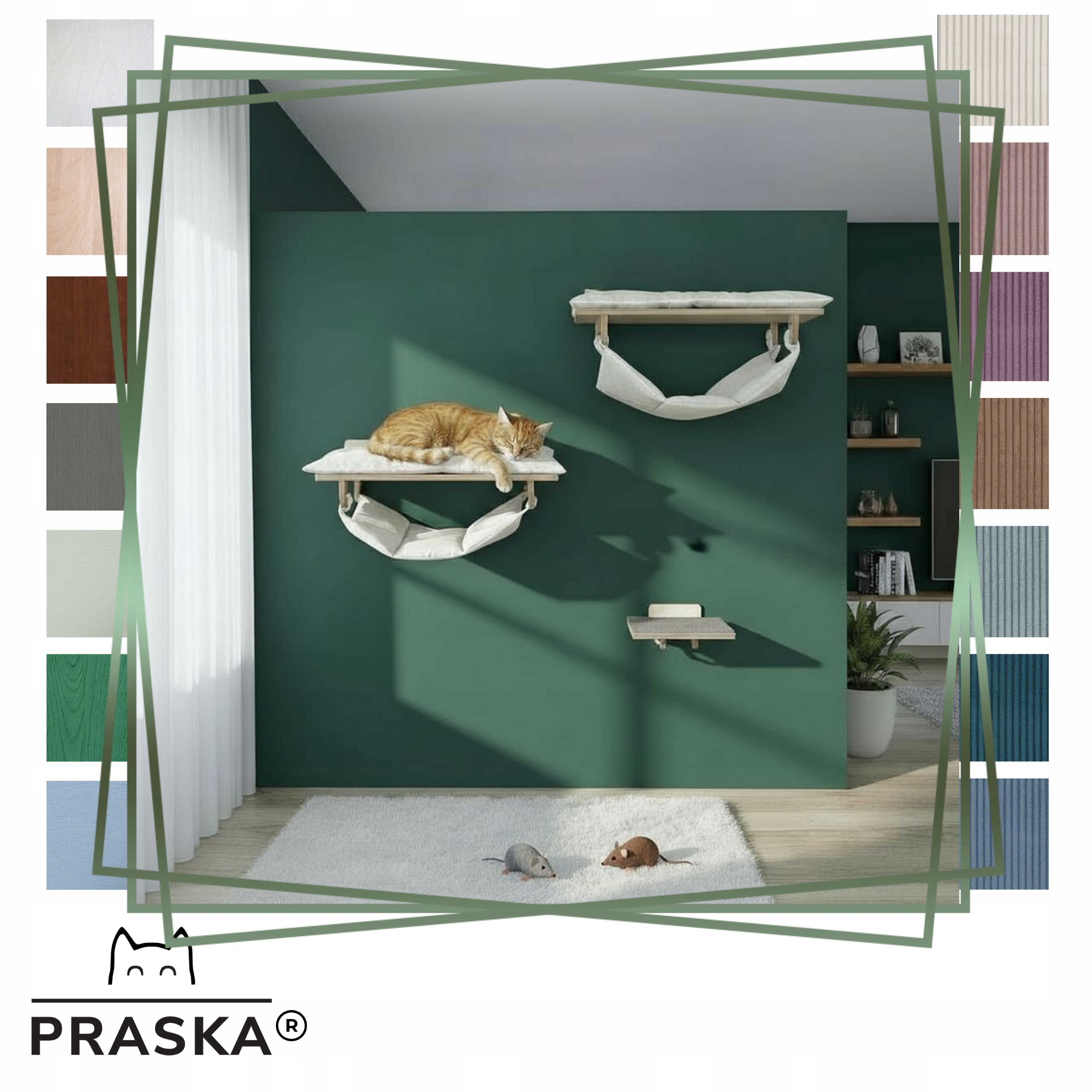 Levně Praska Lanový park pro kočky 2: police s houpacími sítěmi, poloviční škrabadlo, Barvy Premium