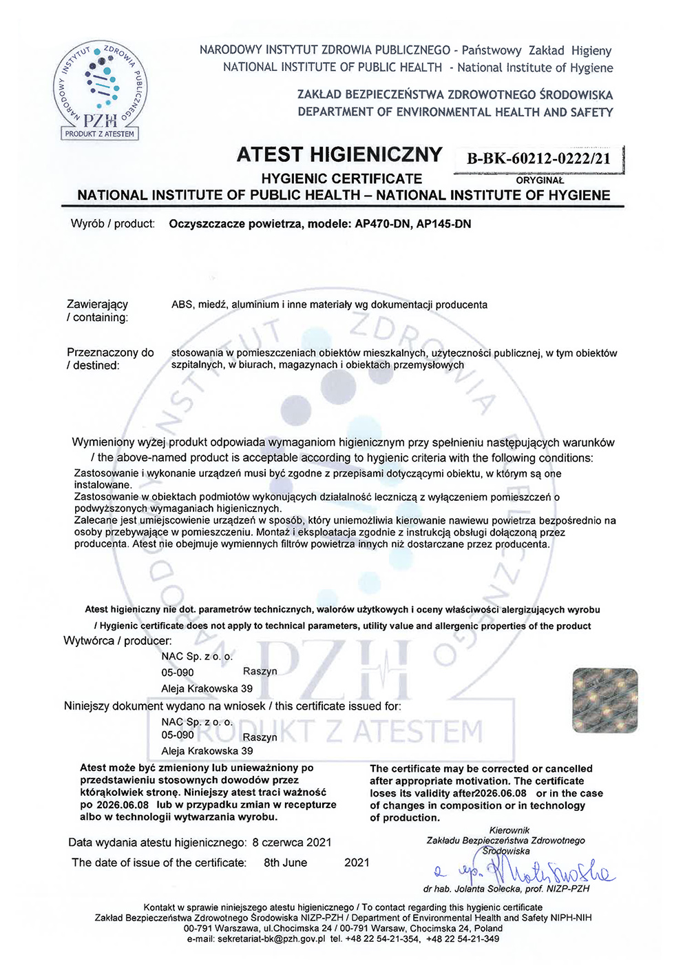 OCZYSZCZACZ POWIETRZA NAC AP145-DN HEPA JONIZACJA LAMPA UV DO DOMU BIURA Cechy dodatkowe promieniowanie UV-C