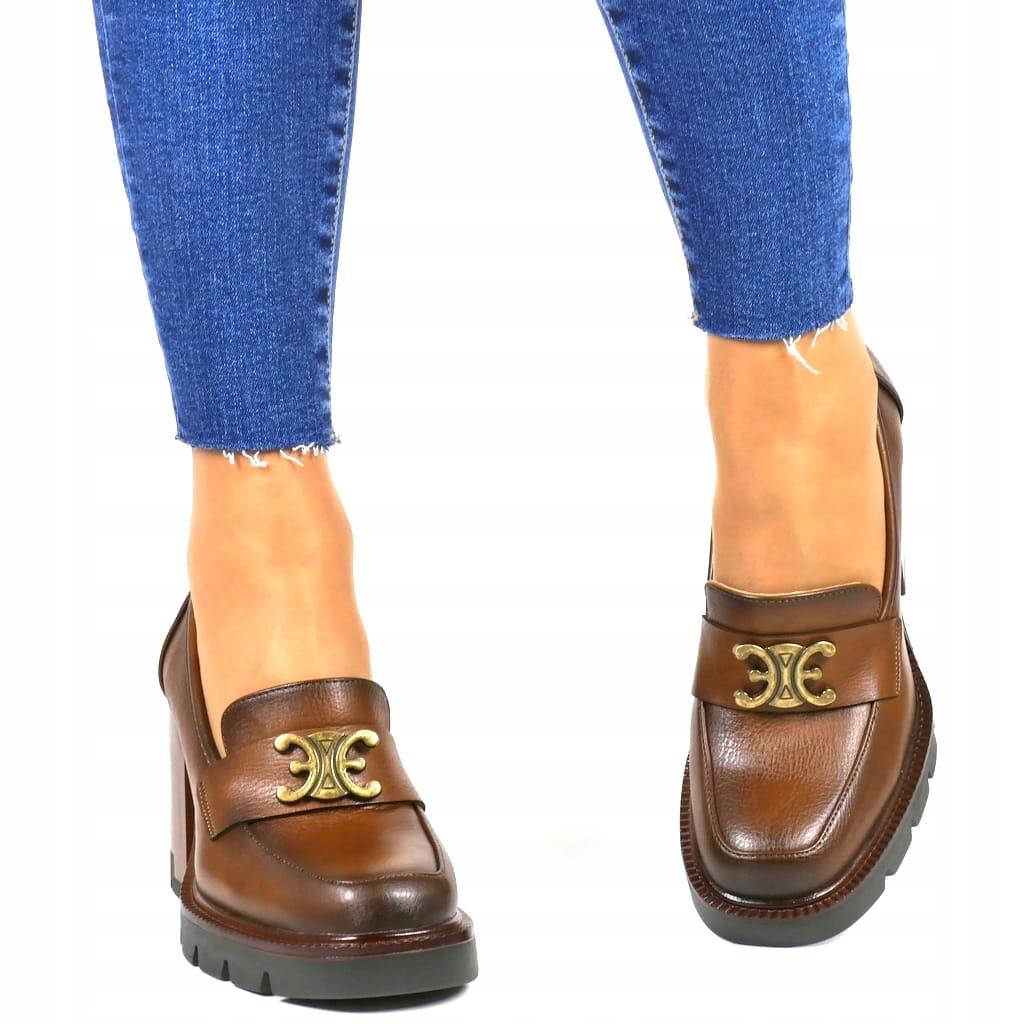PÓŁBUTY NA SŁUPKU DAMSKIE MOKASYNY NA OBCASIE WYGODNY OBCAS STABILNE BRĄZ Wzór dominujący bez wzoru