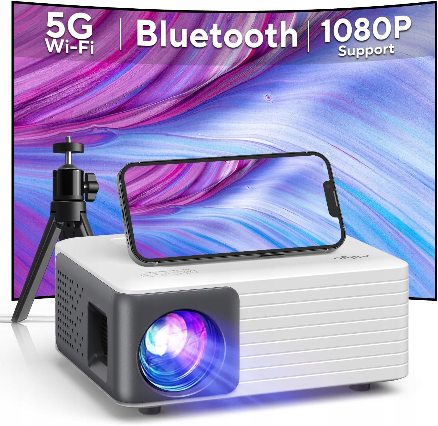 Mini projektor Akiyo O1 WiFi Bluetooth 1080P otočný 360 pre domáce kino