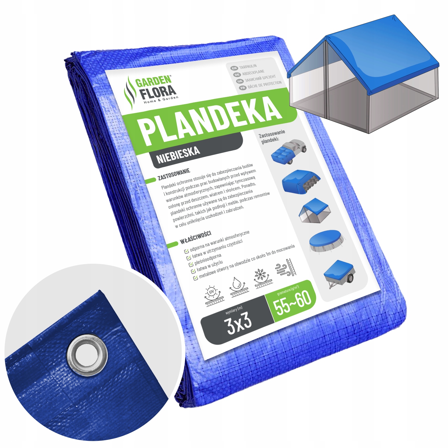 PLANDEKA OKRYCIOWA MROZOODPORNA 3x3 NIEBIESKA PŁACHTA UV+ OKRYCIE 60g/m2