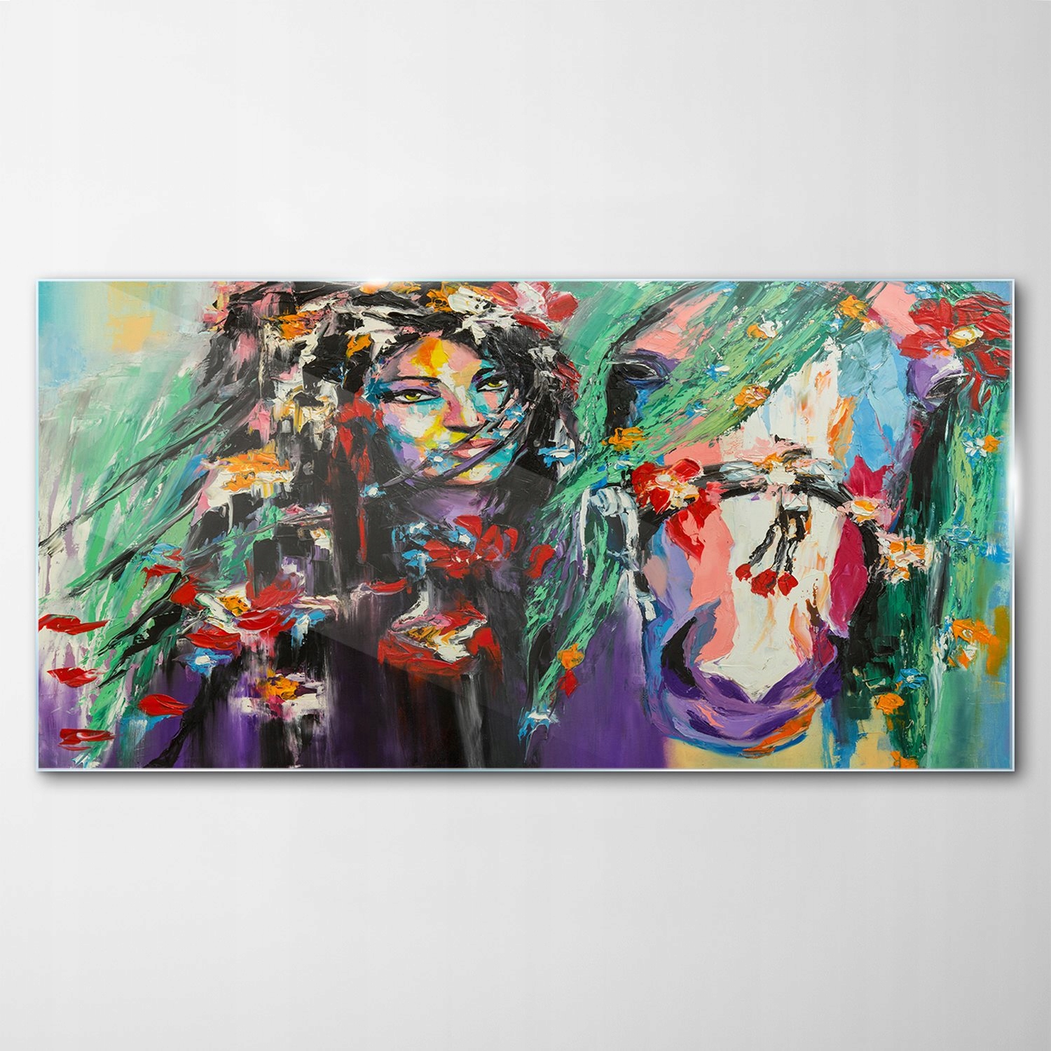 

Hartowany Obraz Szklany Koń Kwiaty Kobieta 120x60