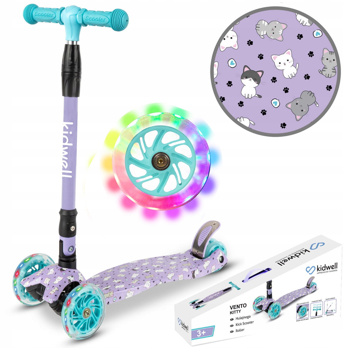 Hulajnoga Balansowa Trójkołowa Vento Kitty Kotek Do 50kg Koła Led