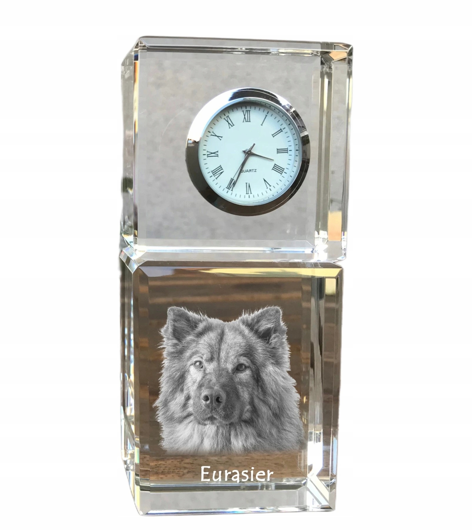 Eurasier krištáľové stolové hodiny so psom, s vašou fotografiou, suvenír