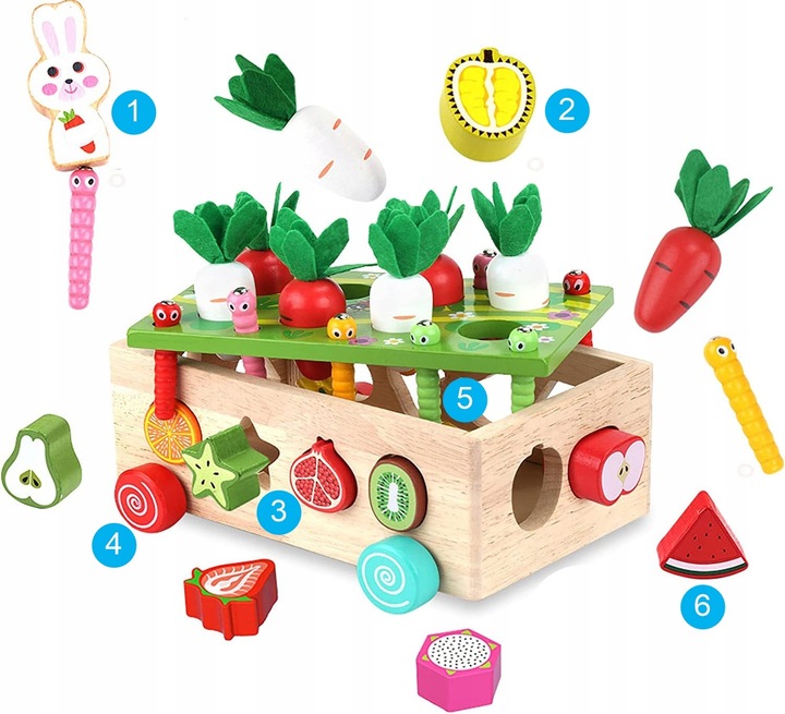 Układanka Montessori Sorter Klocków Złap Robaczka Drewniany Wózek Marchewki Stan opakowania oryginalne