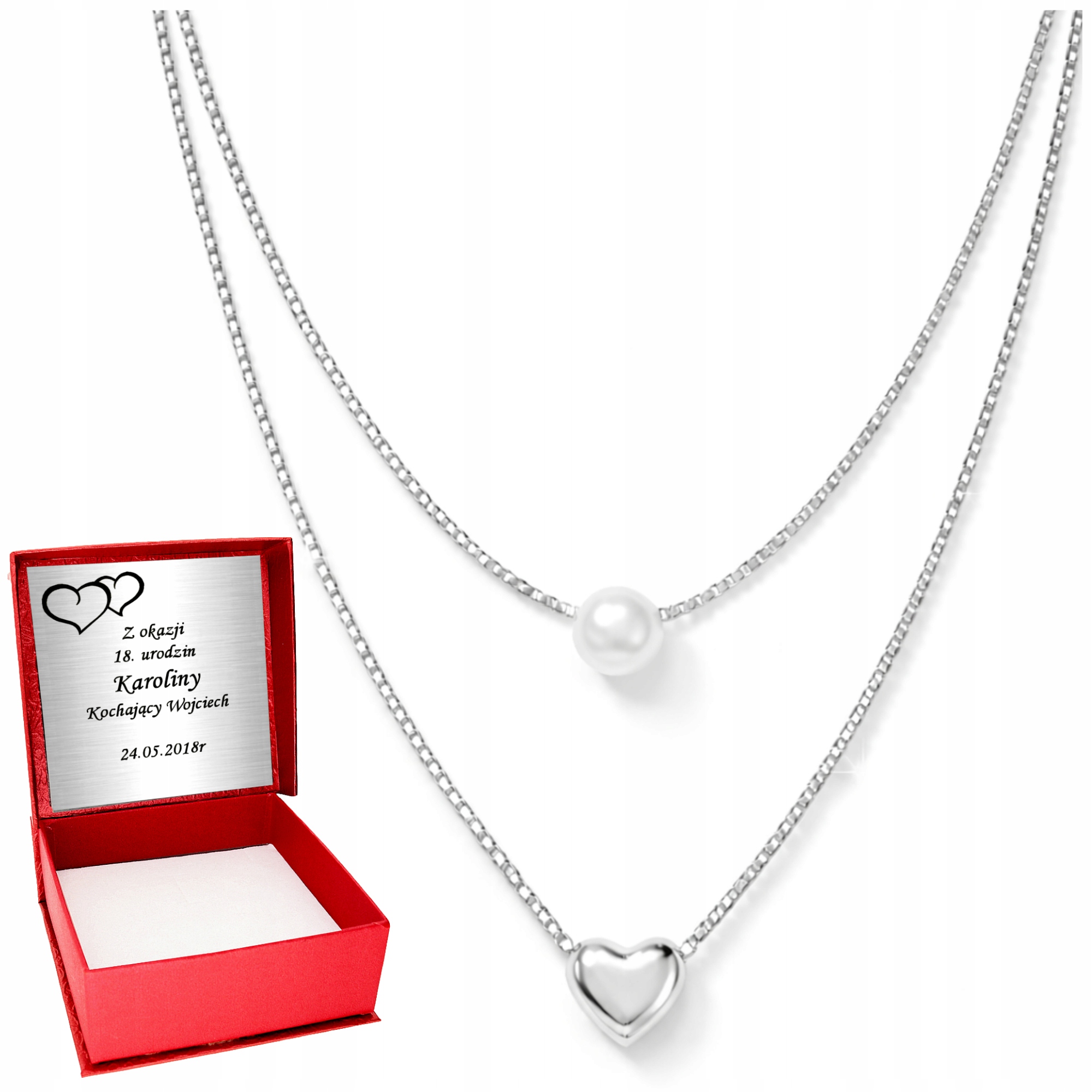 Srebrny Naszyjnik 925 Łańcuszek Podwójny Serce Perła Dzień Kobiet Grawer