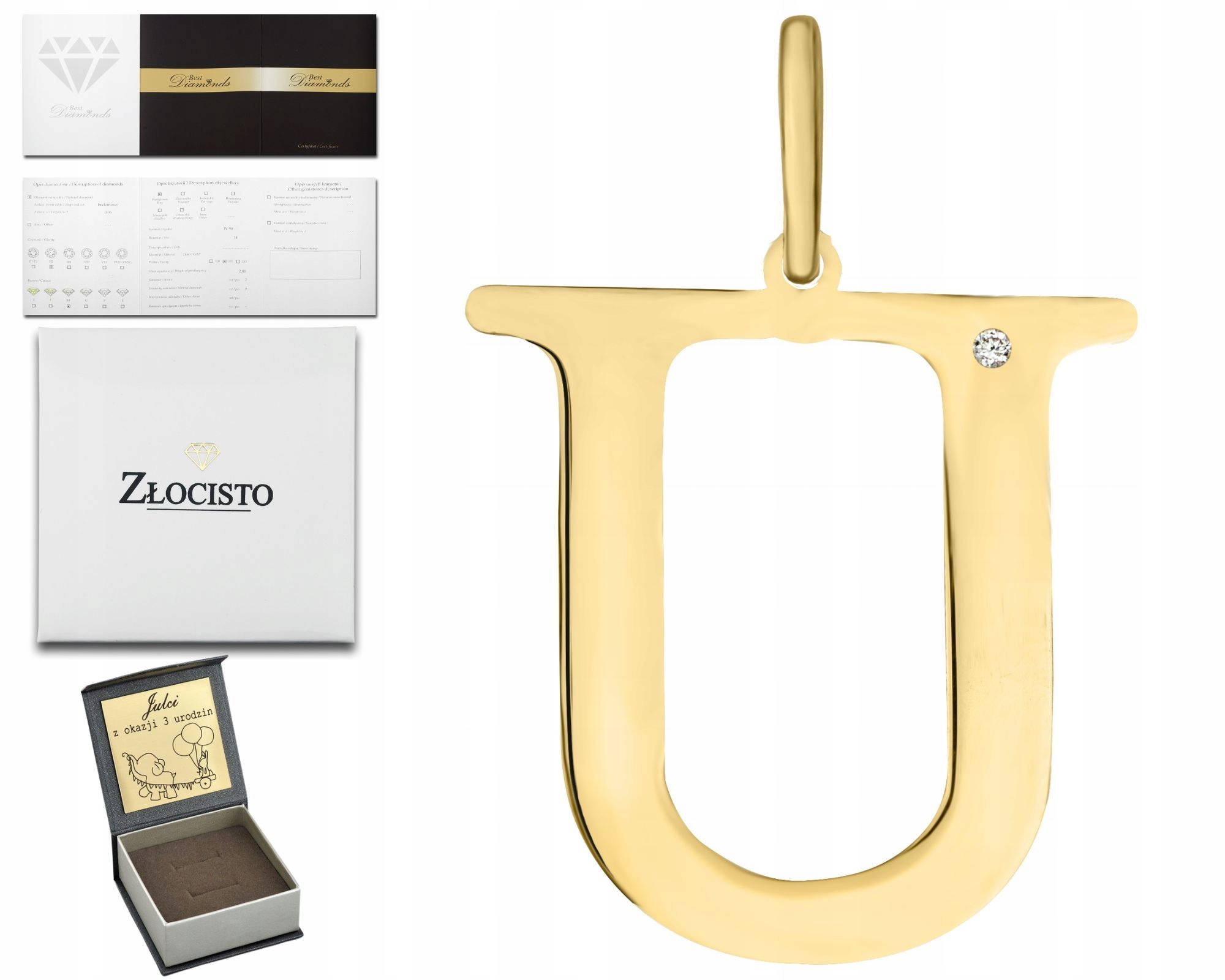 Zlatý Přívěsek S Velkým Písmenem U A Briliantem Gravírování