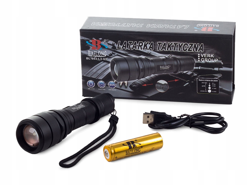 LATARKA TAKTYCZNA BAILONG USB LED CREE XM-L3 AKUMULATOROWA WOJSKOWA MOCNA Model 603