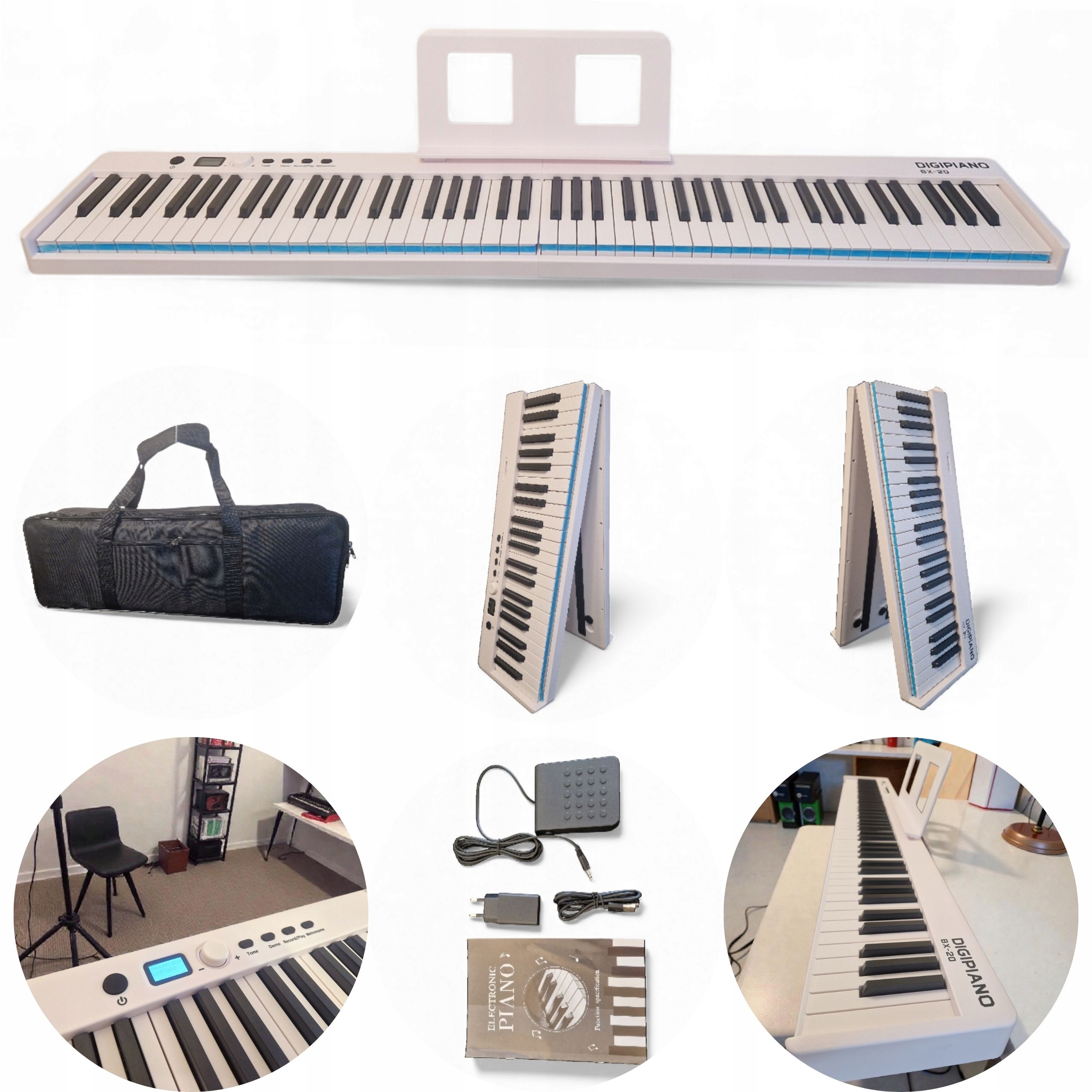 Skládací digitální piano 88 kláves Digi Piano BX-20 Bílá nabíjecí sada