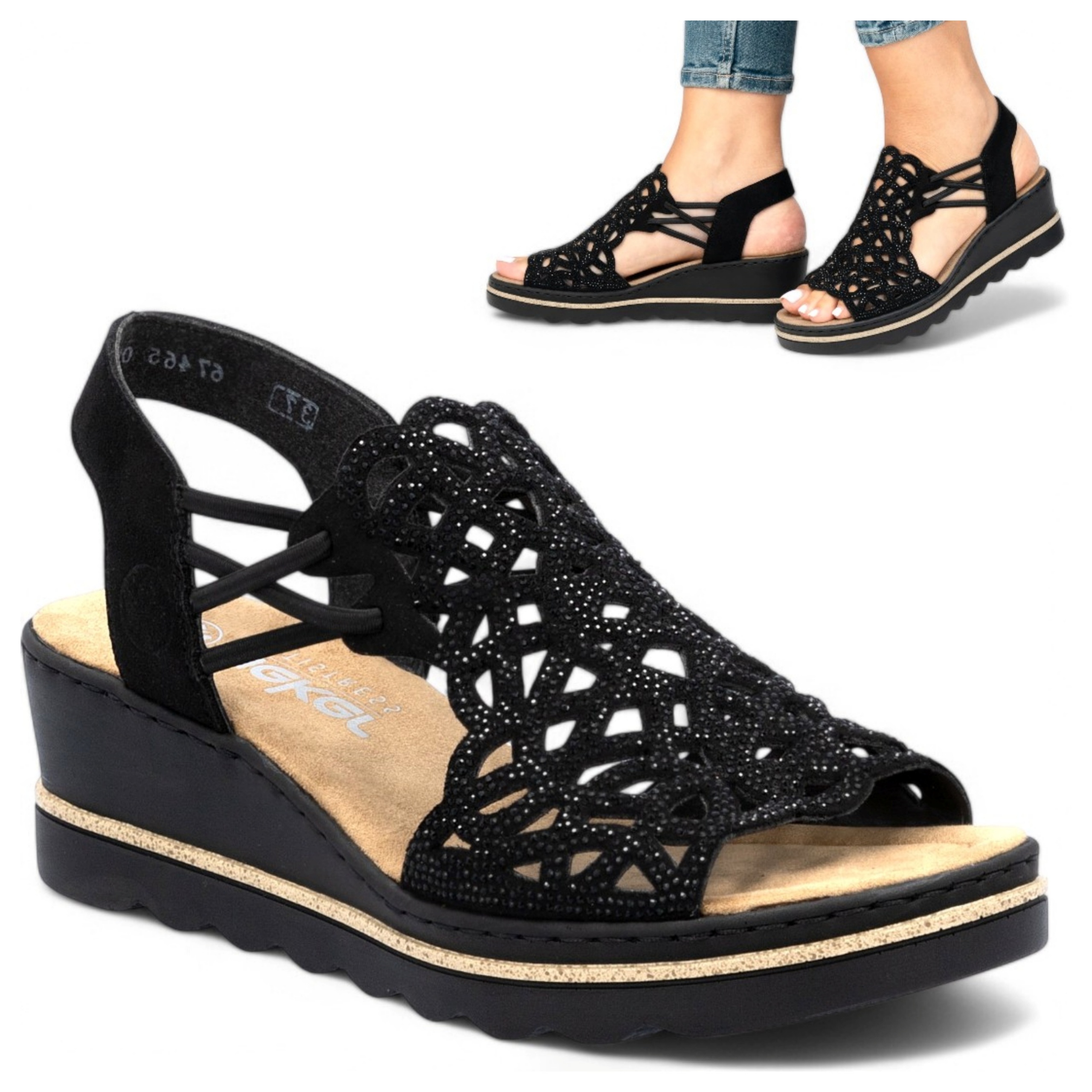 Rieker 36 Dámské sandály na platformě s ozdobami, lehká letní obuv