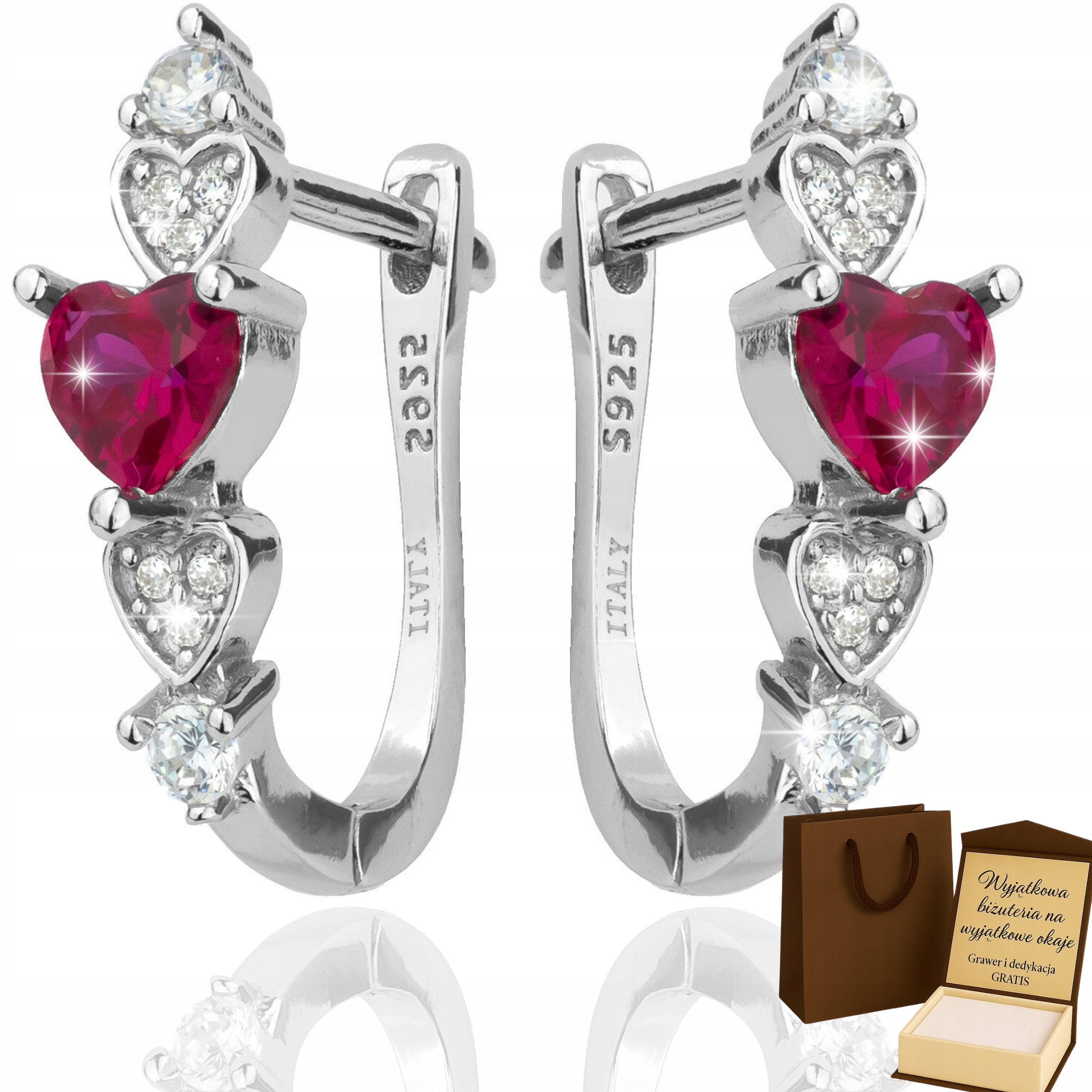 Dámské stříbrné Náušnice Zirkony červeným srdcem, rhodiovými kubickými zirkony, ryzost 925, Gravírování