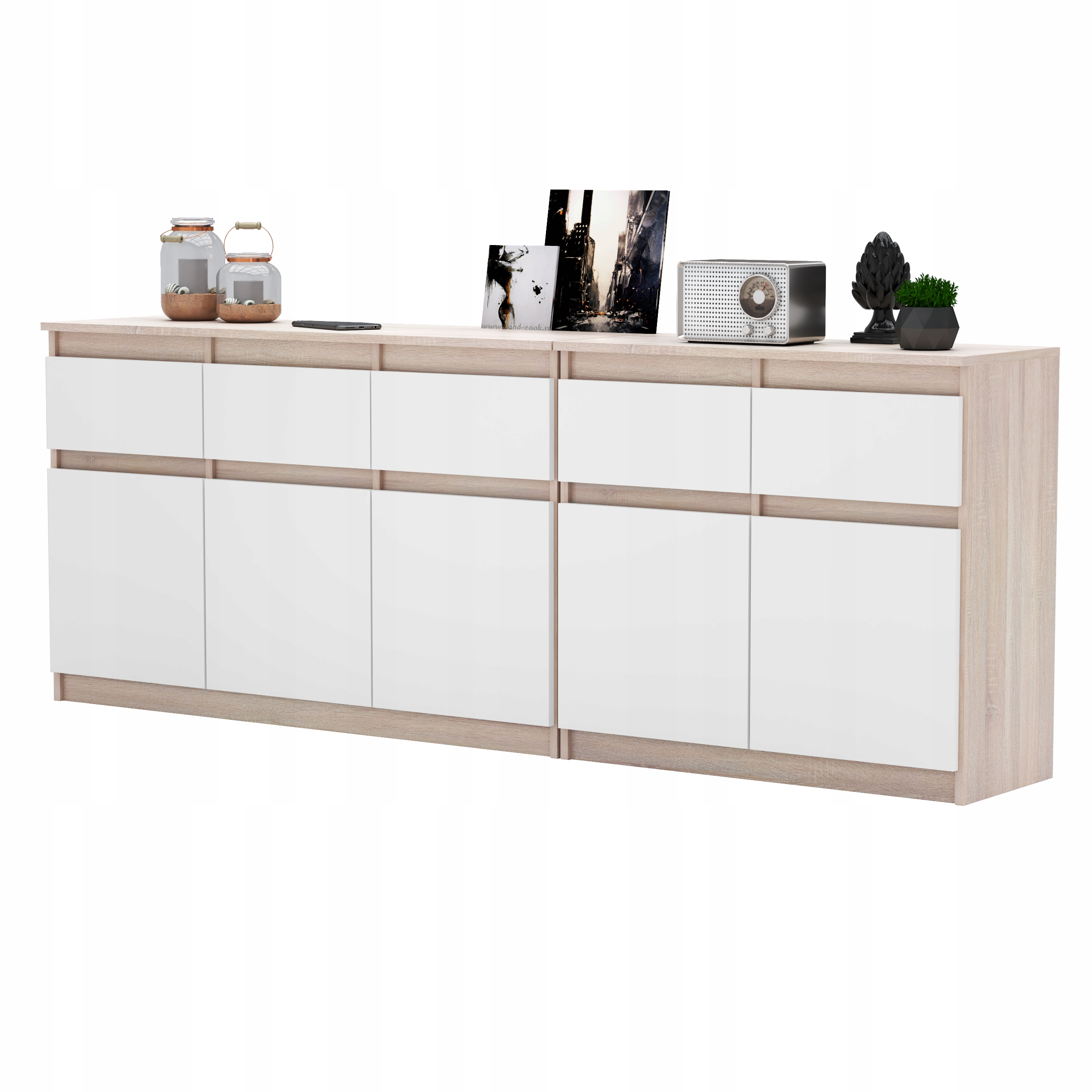 Komoda SONOMA/BIAŁY 5 szuflad 5 drzwi Duża Komoda 200 cm ZESTAW do Salonu