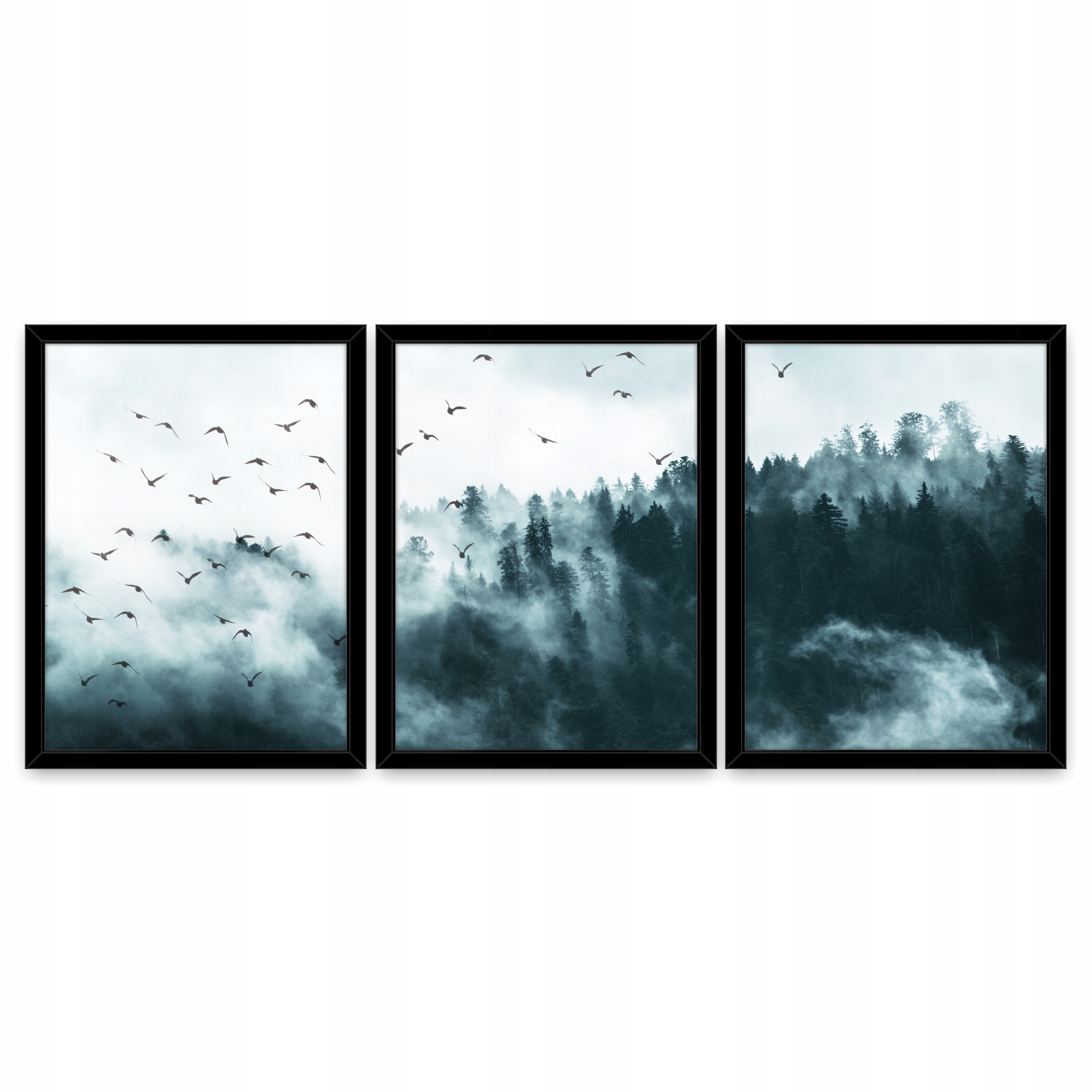 Obrazy Triptych Les V Mlze 3 Obrázky V Černém Rámu Ložnice Obývací Pokoj Velký