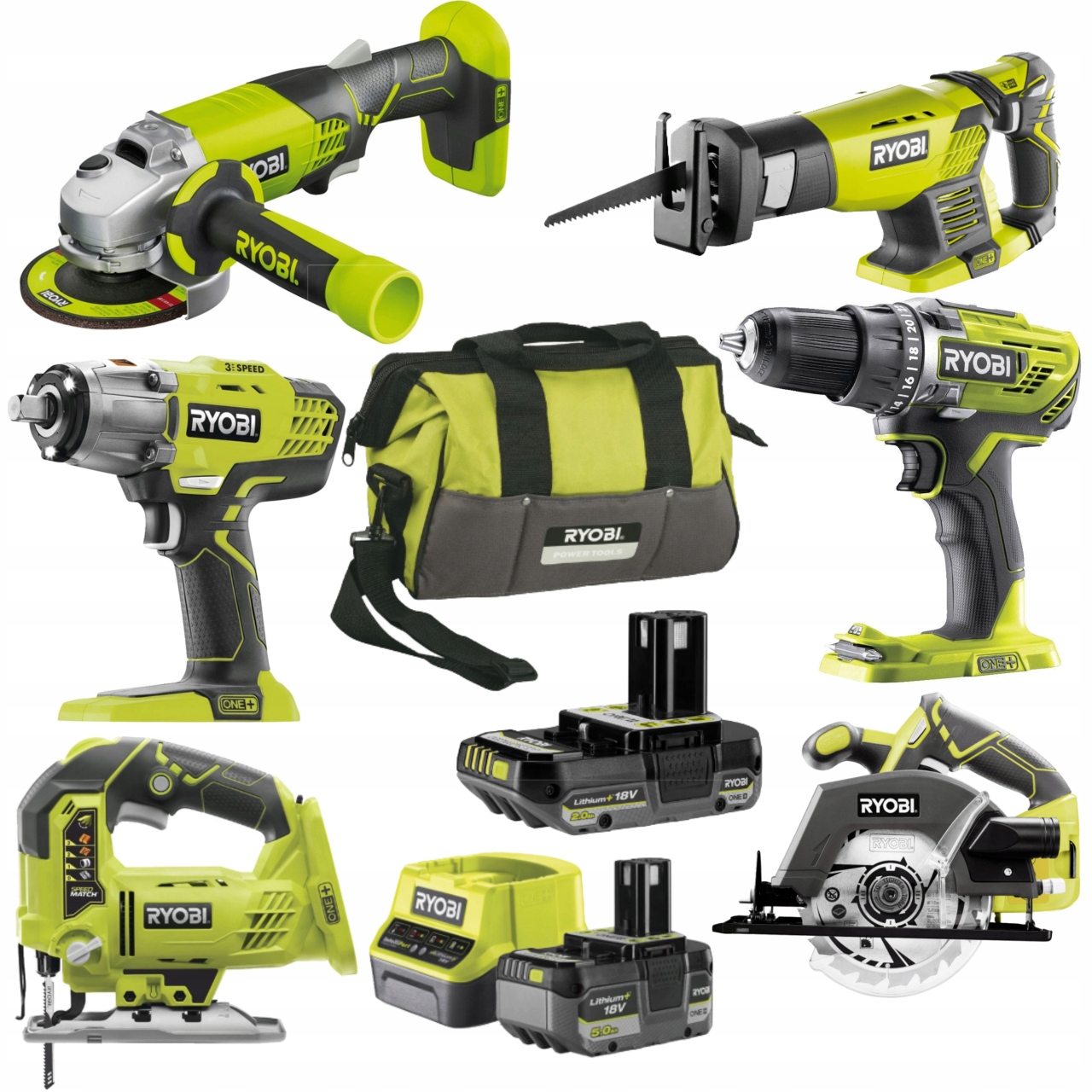 Ryobi Sada nářadí Combo 6 kusů Taška Nabíječka 3x Baterie