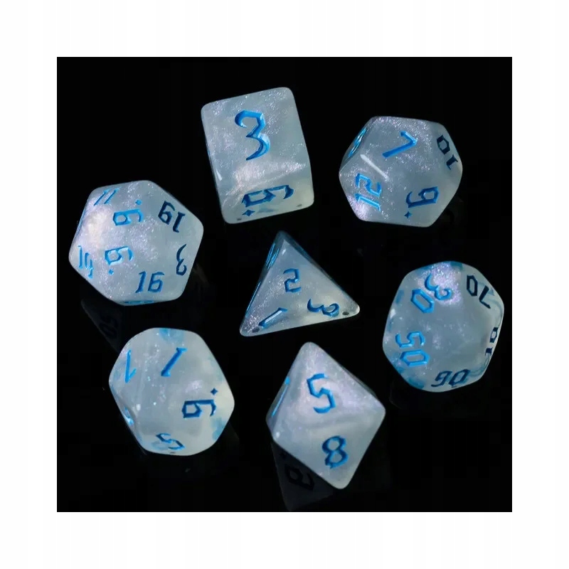 MROCZNY NIEBIESKI ZESTAW 7 PRZEZROCZYSTYCH KOŚCI RPG Kolor biały niebieski