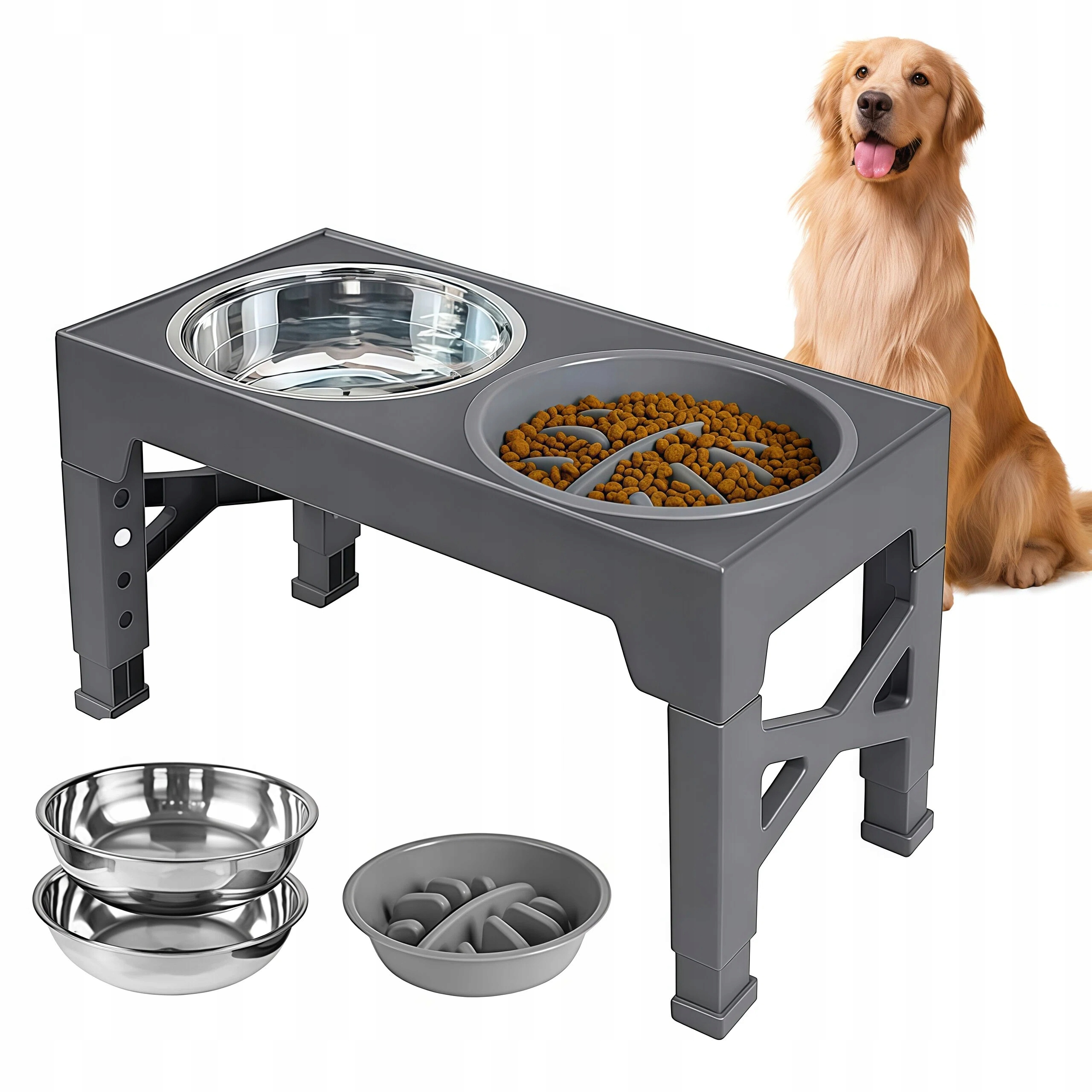 Levně Nastavitelná Miska Pro Psy S Pohodlnou Regulací A Ocelovými Miskami