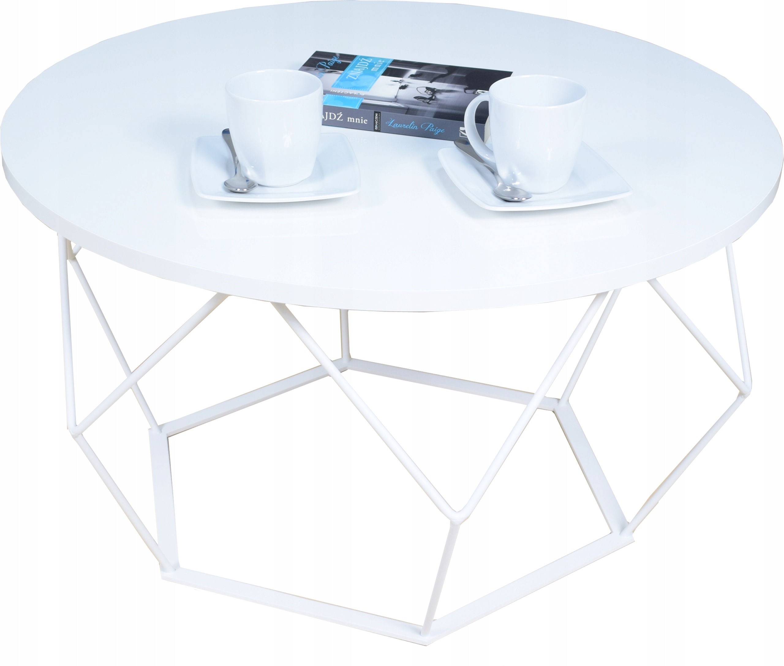 Okrągły Stolik Kawowy Diament Loft Industrial 75x75x43 Biały+Biały Połysk