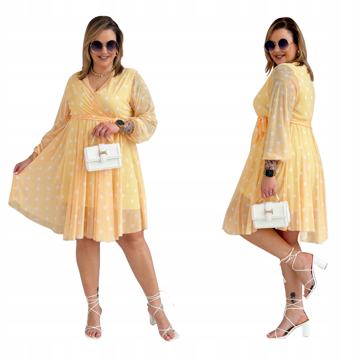 Šaty s hrášky Midi Velké velikosti Plus Size Dámská Cavaricci Žlutá